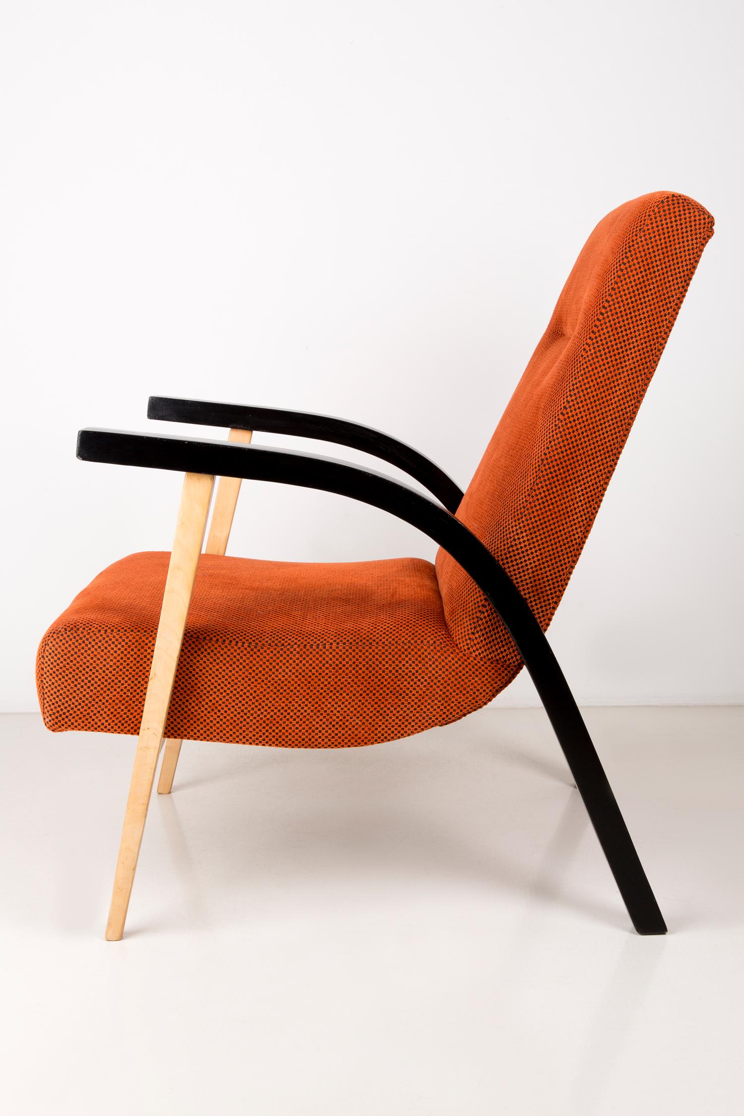 Mid-Century Modern 20th Century Unique Armchair, Orange Velvet, Lejkowski Lesniewski, 1970s, Poland For Sale