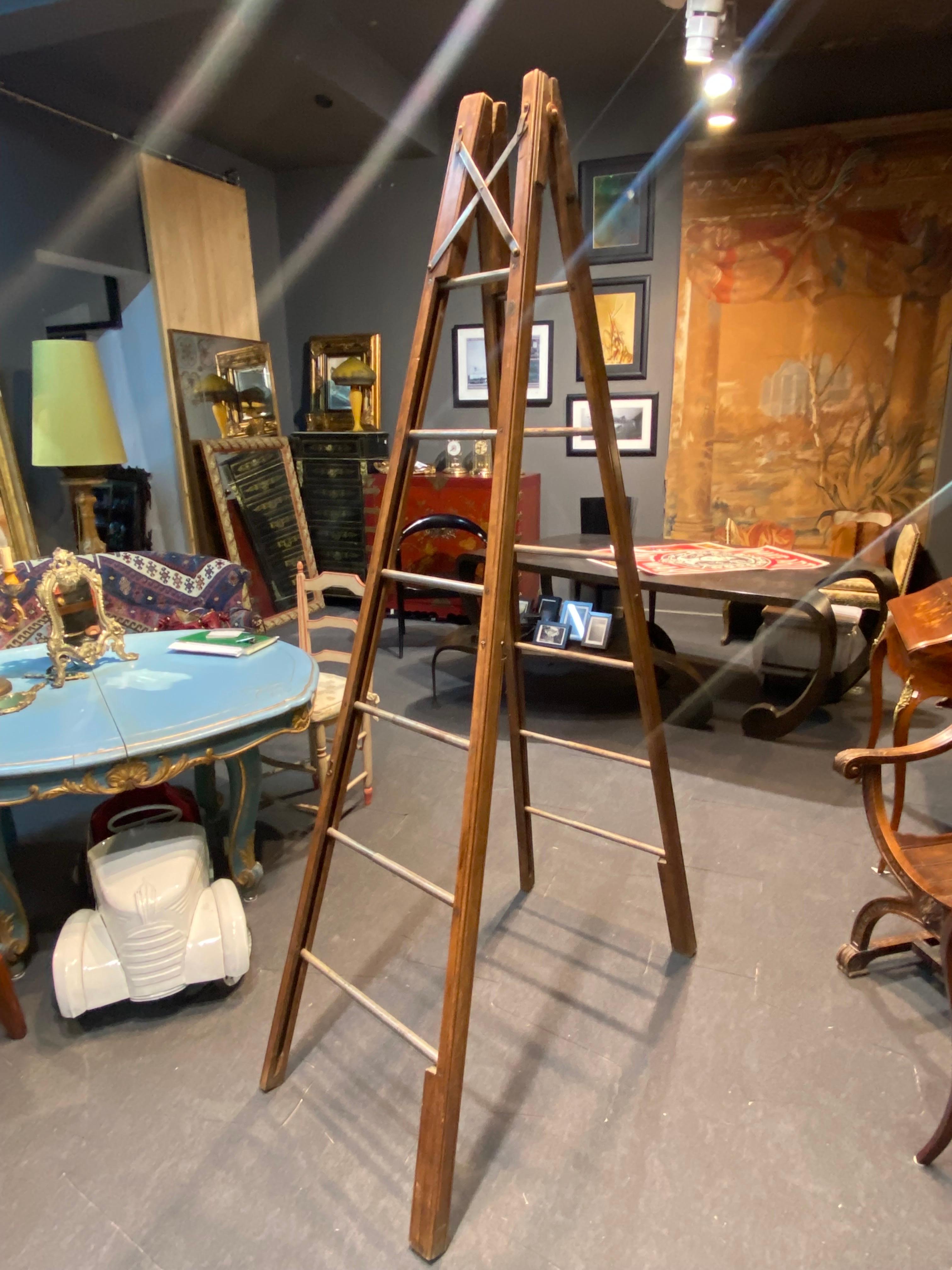20th Century Unique French Folding Wooden Library Ladder with Metal ...