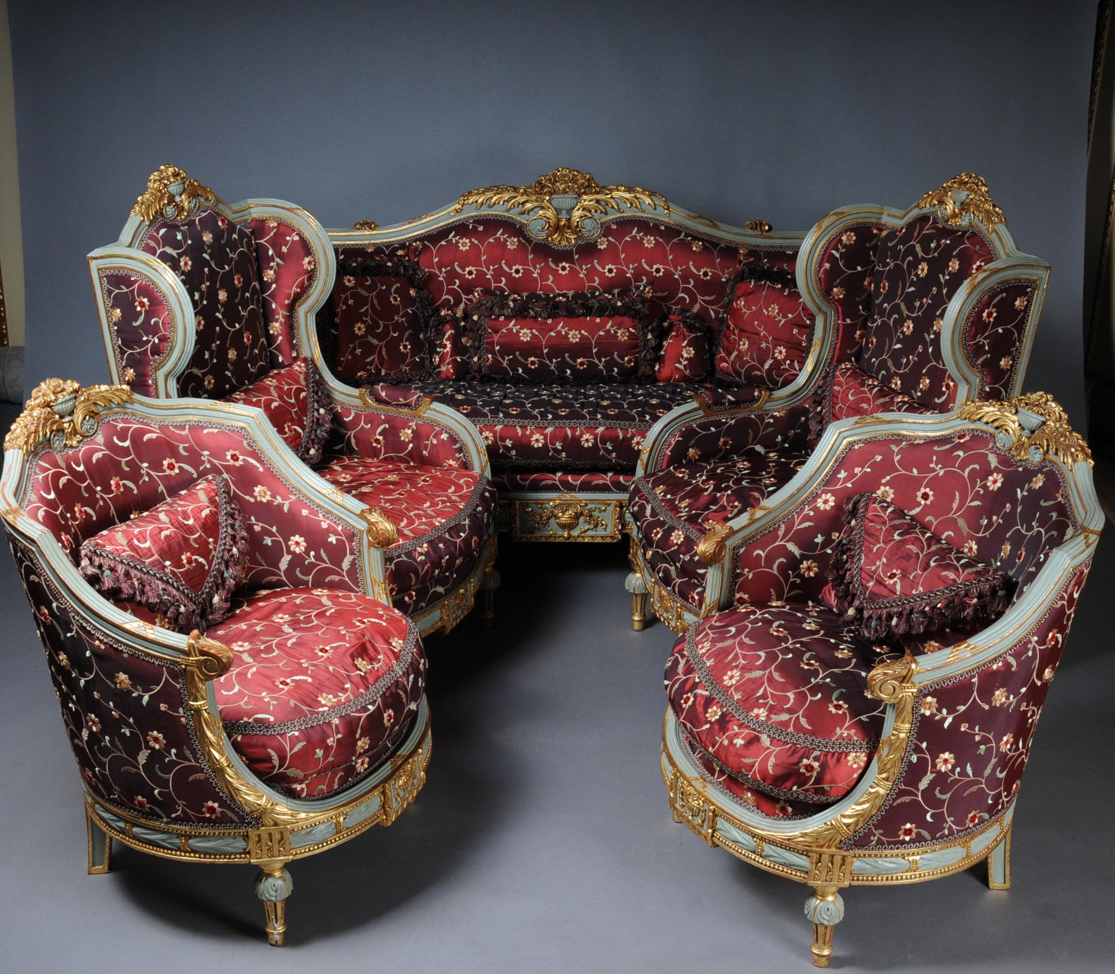 Einzigartige französische Salon-Sitzgruppe im Louis-XVI.-Stil des 20. Jahrhunderts (Vergoldet) im Angebot