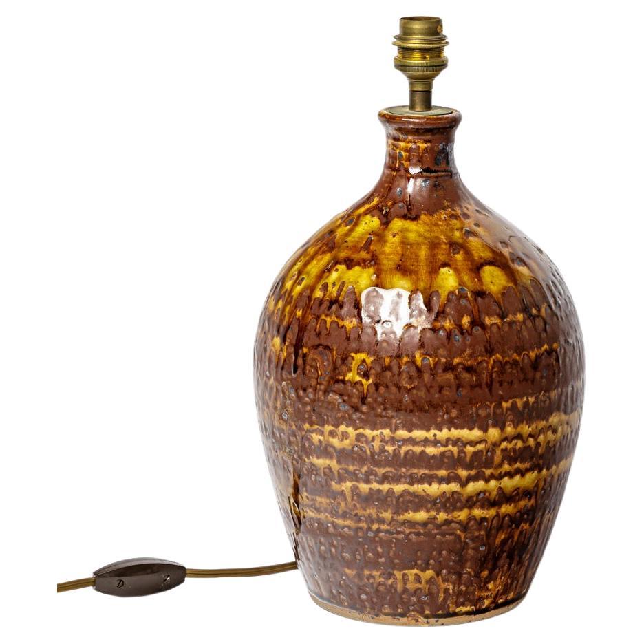 20th century unique handmade brown ceramic table lamp by Migeon La Borne 1950 For Sale