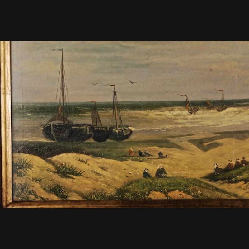 Motiv: A stormy coastal landscape with sailing ships and people on the beach.
Extensively composed and stylistically finely worked out, impressionistic landscape with broad brushstroke, which is determined by the different-colored moods of the