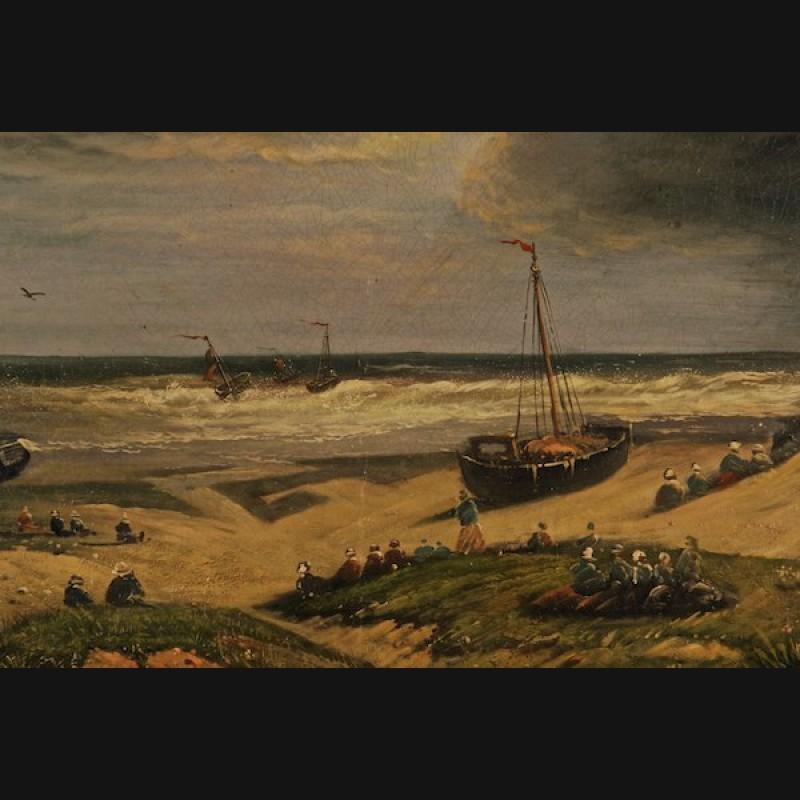 Oiled 20th Century Unique Oil Painting Stormy Coastal Landscape with Sailing Ships For Sale