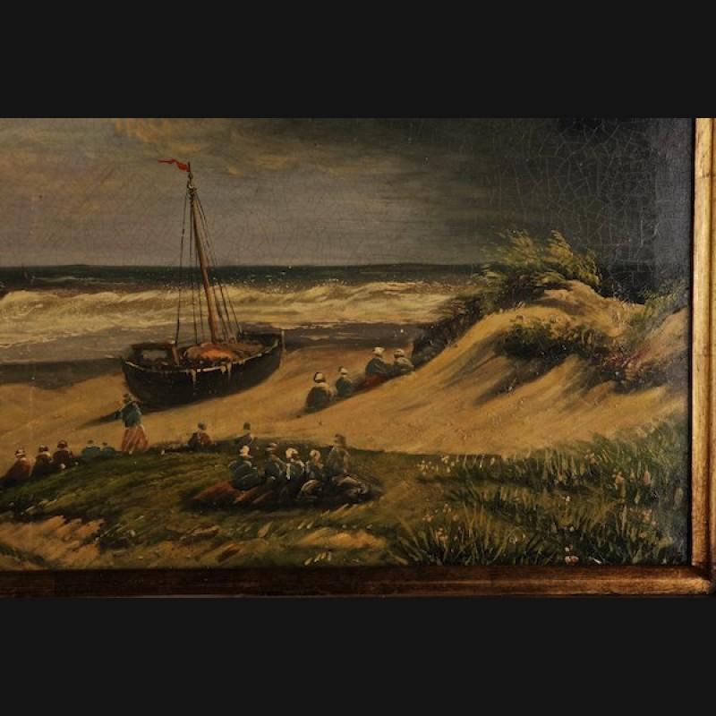 20th Century Unique Oil Painting Stormy Coastal Landscape with Sailing Ships In Good Condition For Sale In Berlin, DE