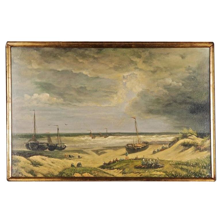 20th Century Unique Oil Painting Stormy Coastal Landscape with Sailing Ships