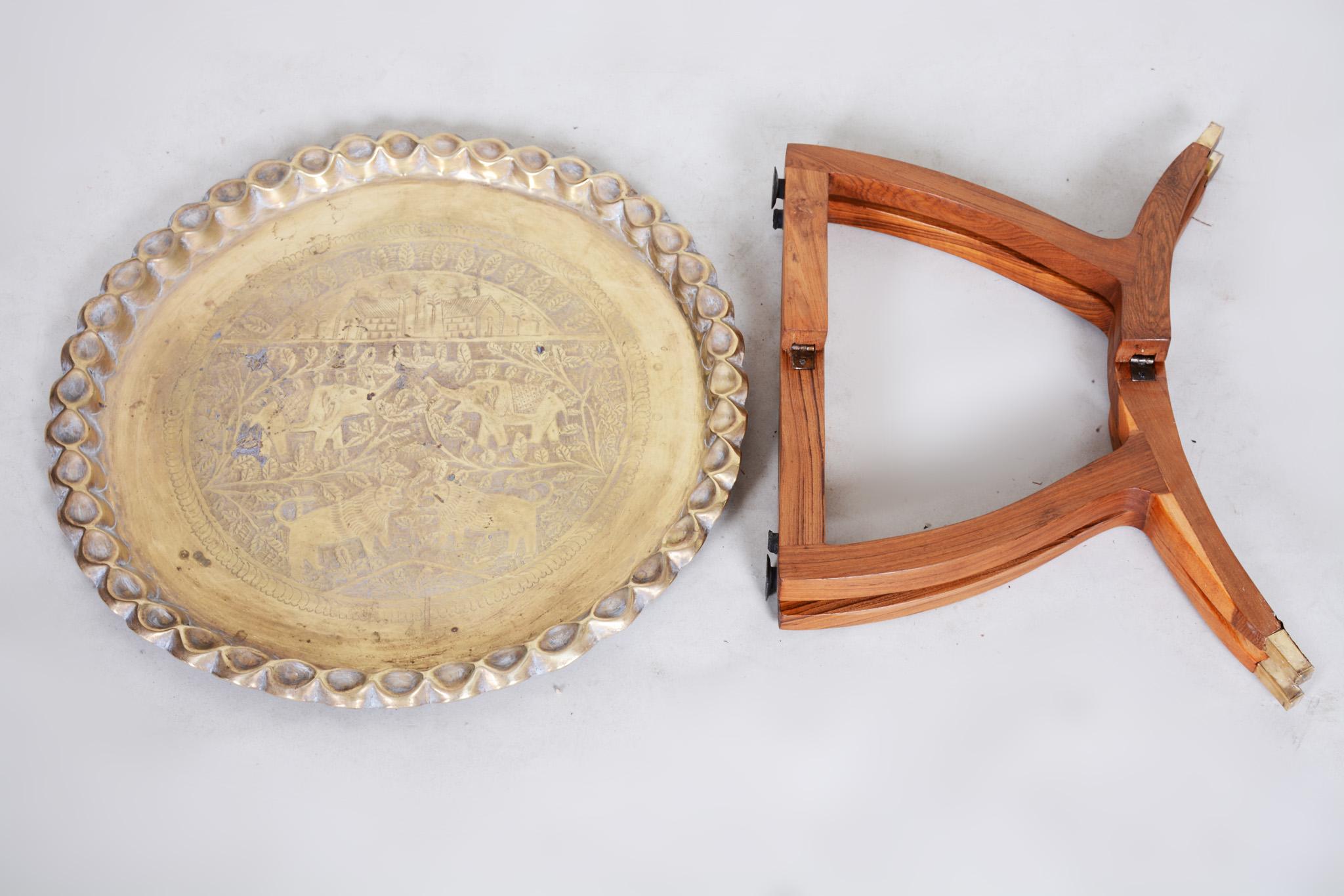 20th Century Unique Restored Folding Small Palisander Table, Asia, Brass Top For Sale 8