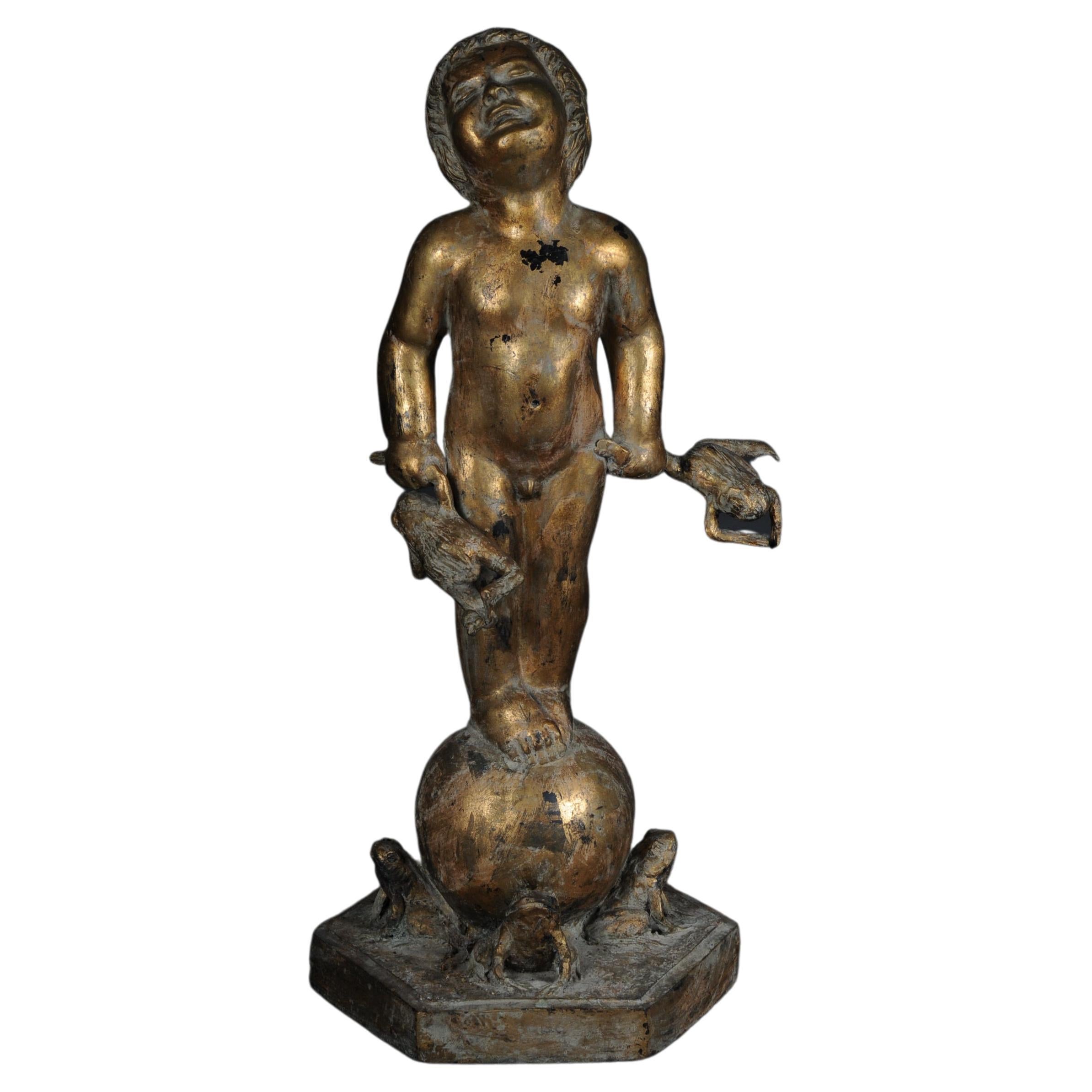 20th Century Unique sculpture of a putto with frogs, gold For Sale