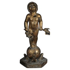 20th Century Unique sculpture of a putto with frogs, gold