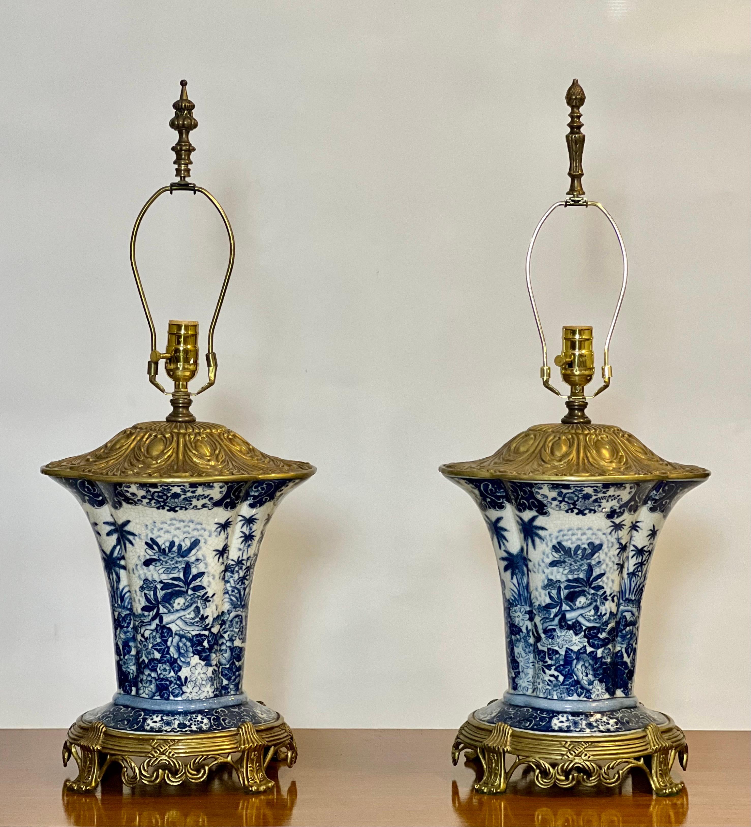Gilt 20th C. United Wilson Blue and White Ormolu-Mounted Porcelain Lamps, Signed Pair For Sale