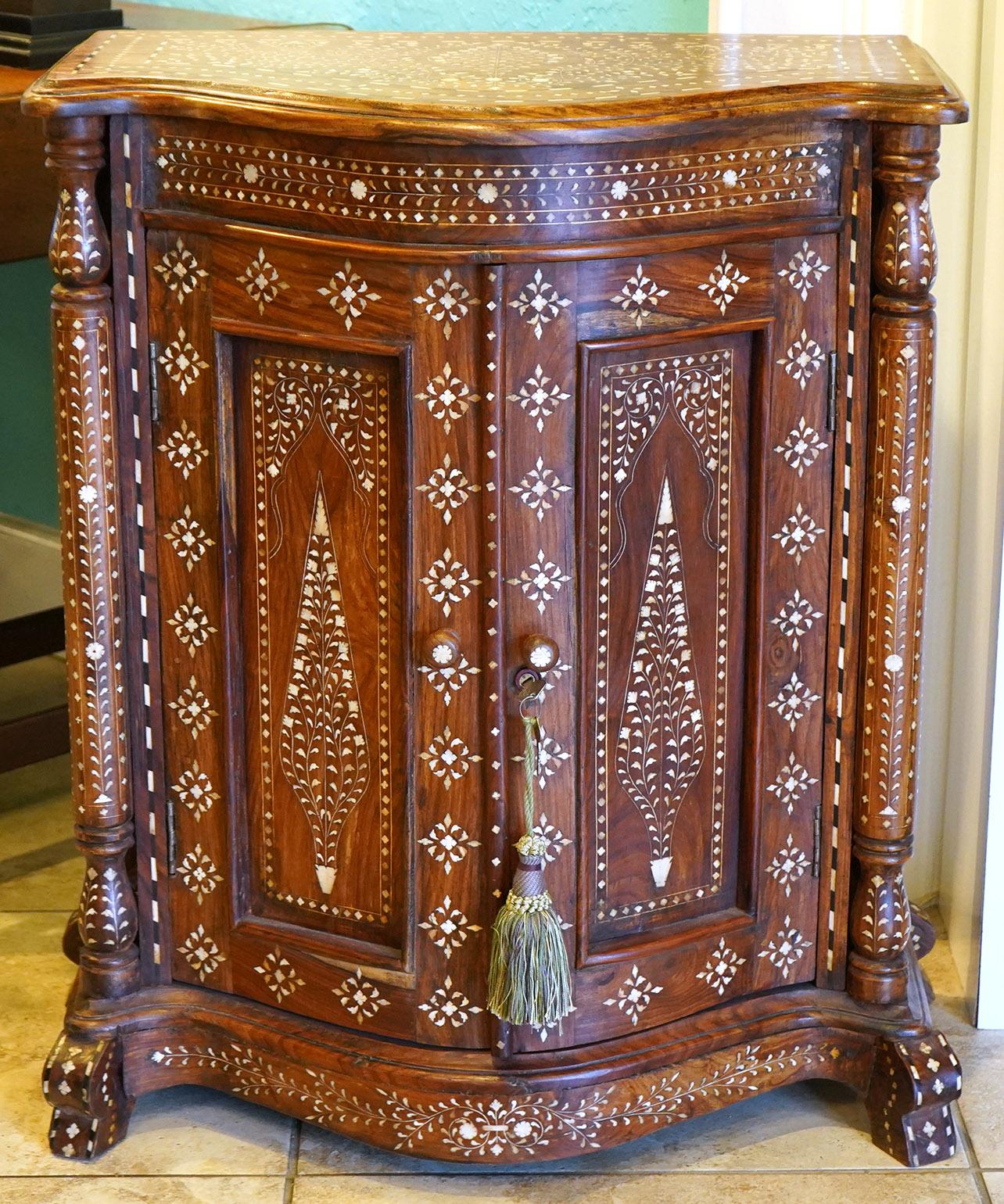 20th Century Unusual Size Syrian Mother Of Pearl Inlaid Cabinet 2 Door and 1 Shelf on inside

Used,Good Condition, See Photos for Details.

Dimensions: 27 Inches Wide x 15 1/2 Inches Depth x 32 1/2 Inches Tall

Local Pick up or $495 For Domestic