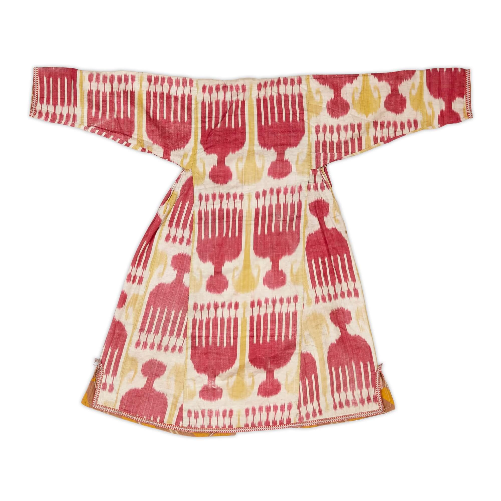 20th century Uzbek cotton and silk ikat chapan robe
Uzbekistan, 20th Century 
Height 122cm, width 153cm

Historically, an ikat chapan robe was a status symbol worn by nomadic tribes and settles in Uzbekistan as well as other Central Asian