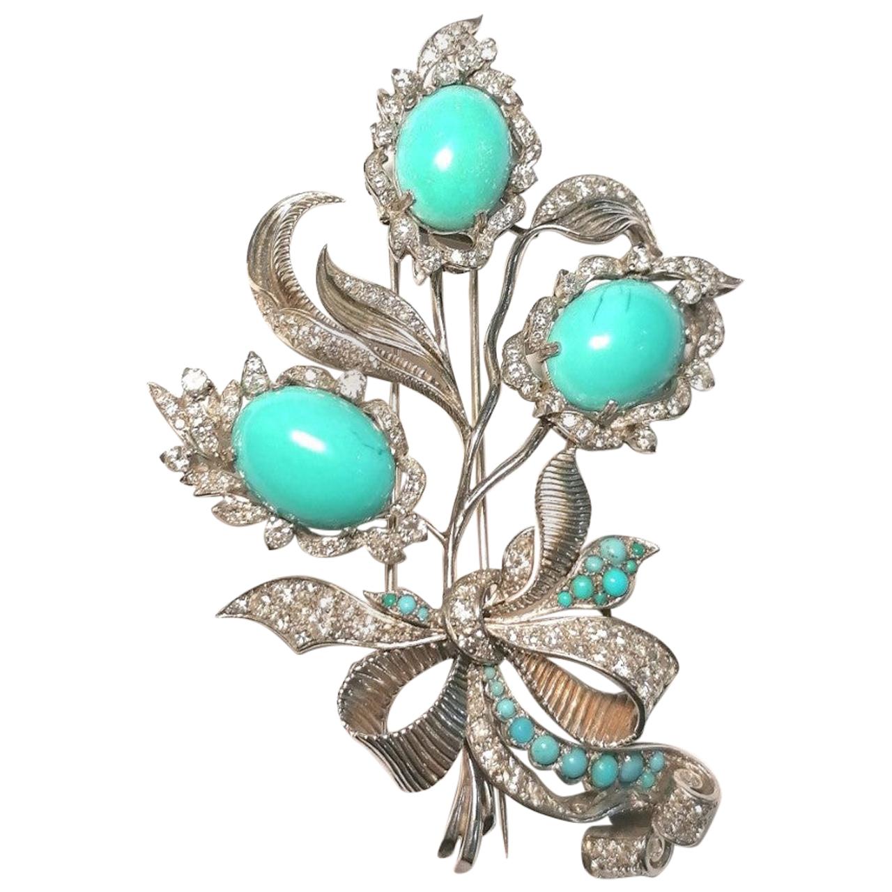 20th Century Vegetal Turquoise and Diamonds Platinum Brooch For Sale