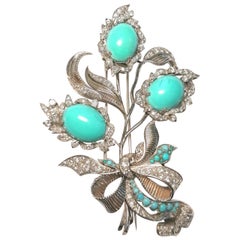 20th Century Vegetal Turquoise and Diamonds Platinum Brooch