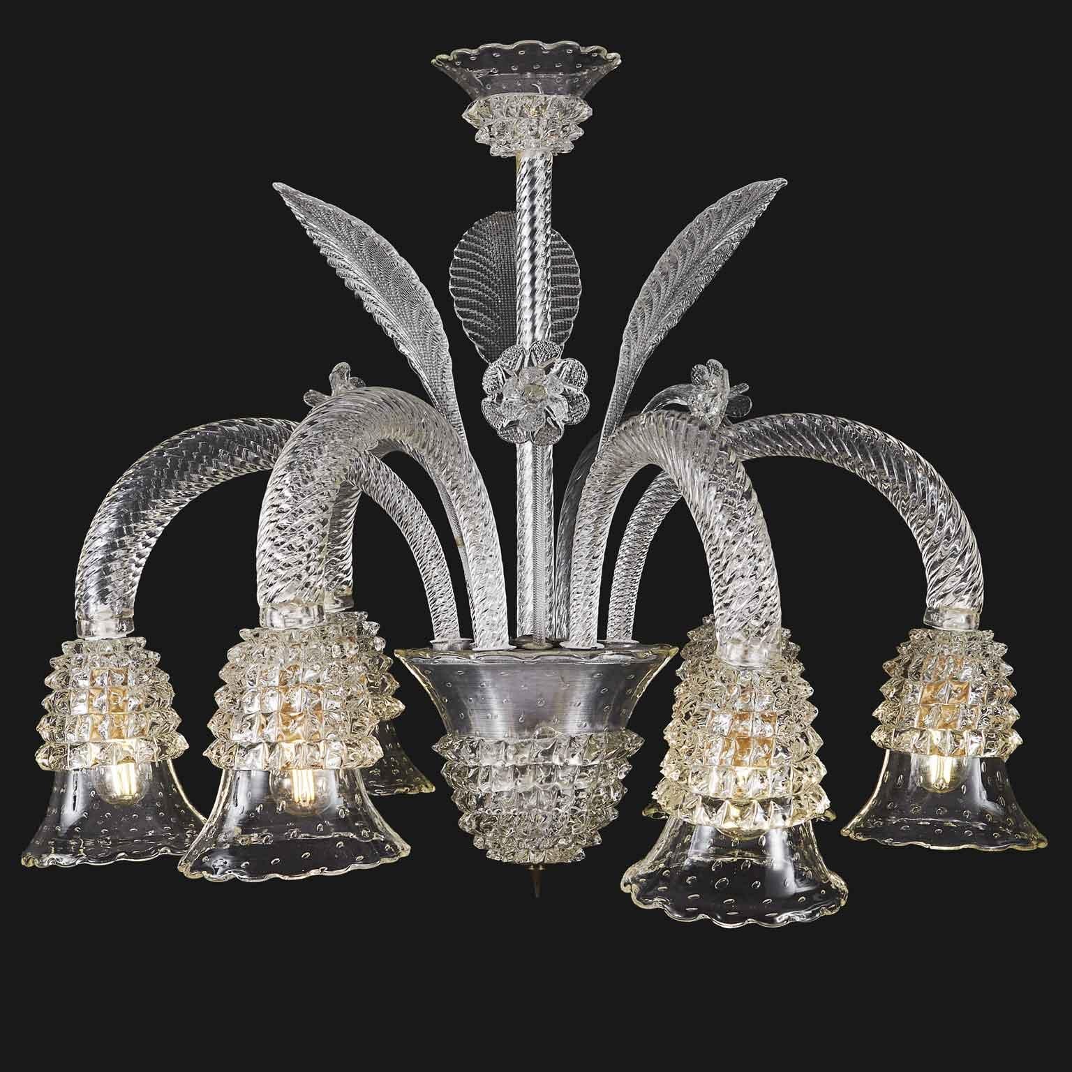 A very elegant Italian six-light chandelier, a Venetian timeless clear glass pendant realized using the Rostrato technique presented by Ercole Barovier at The Biennale di Venezia in 1938. This innovative technique aimed to create a luminous effect