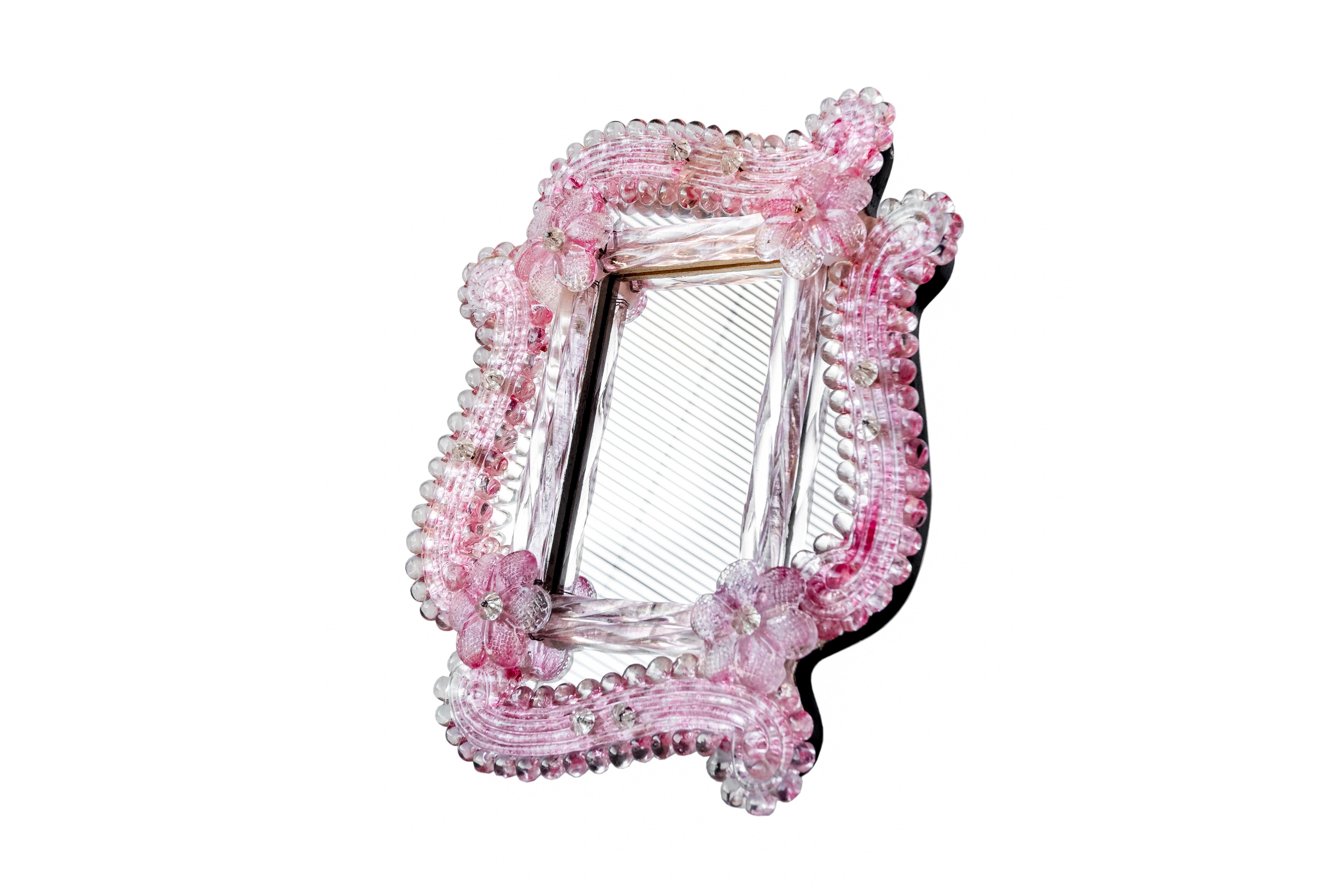 20th century Venetian crystal mirror, 1910
Antique Venetian dressing mirror, with a delicate art glass border with pink flowers. The mirror was made, circa 1910, and has a wood easel back (free standing),
Murano art glass, beautiful handmade Murano