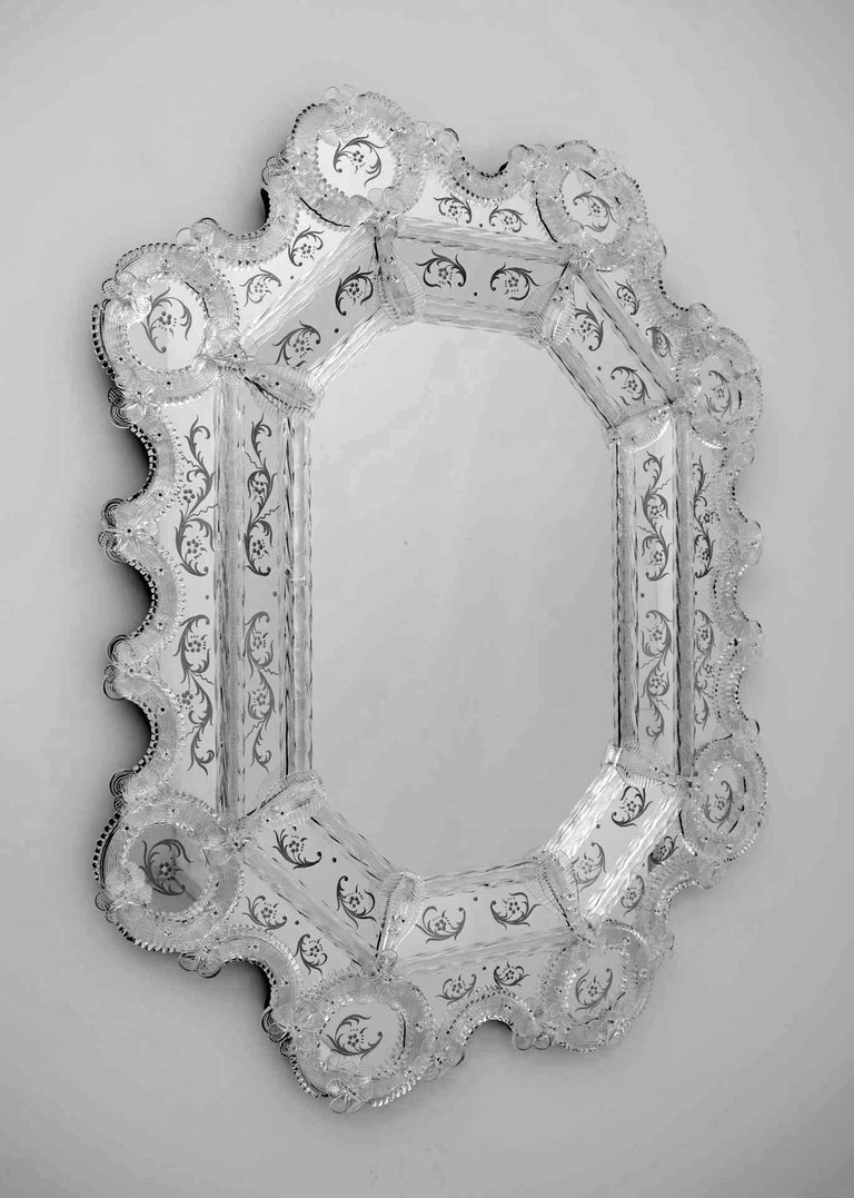 20th Century Murano Glass Flowers Octagonal Mirror For Sale at