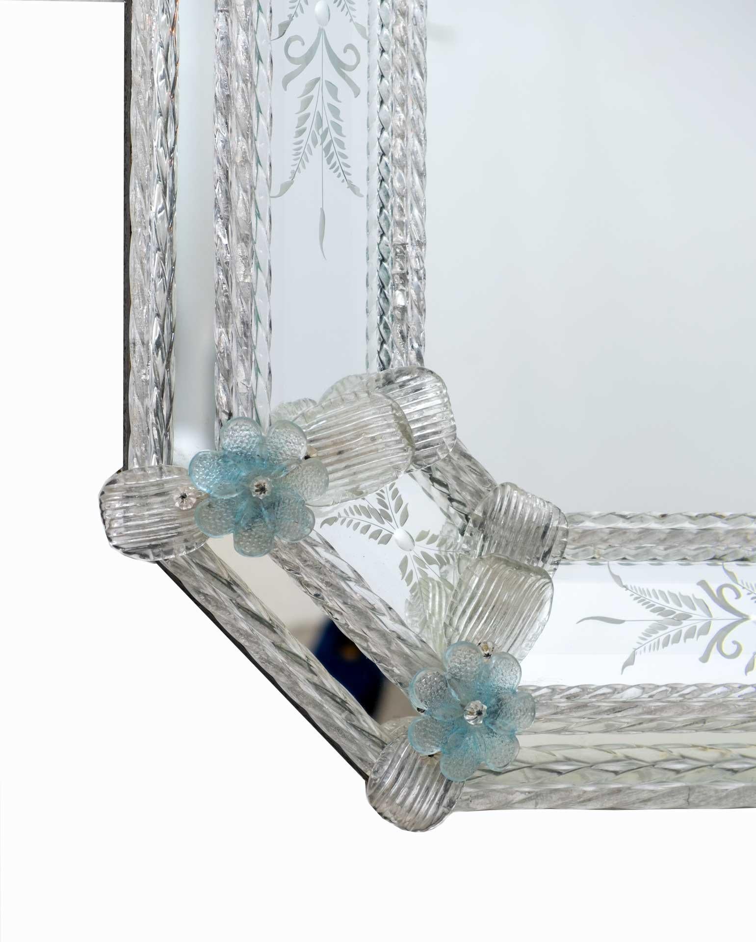 Italian 20th Century Venetian Murano Glass Flowers Octagonal Mirror For Sale
