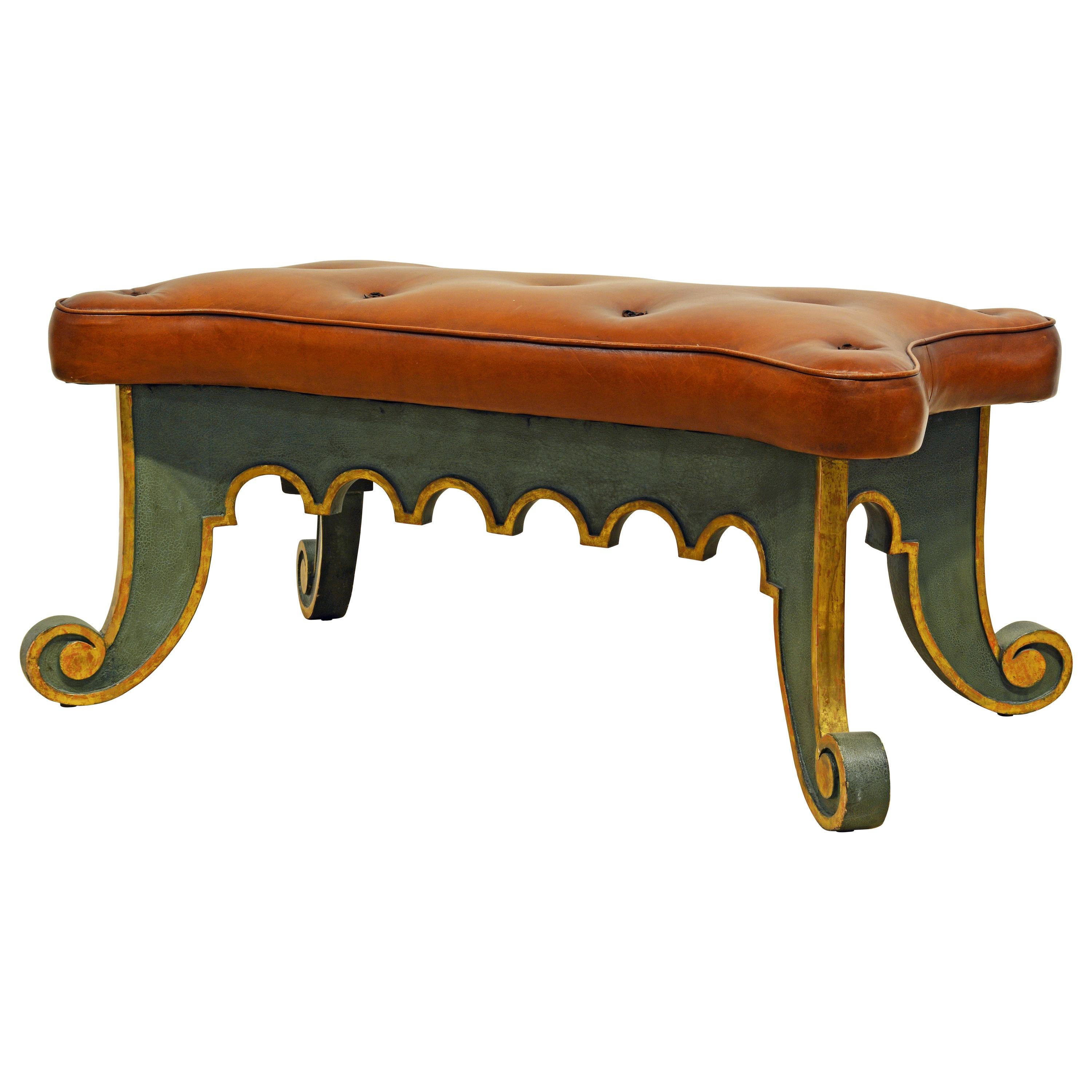 20th Century Venetian Style Painted and Parcel-Gilt Leather Covered Bench