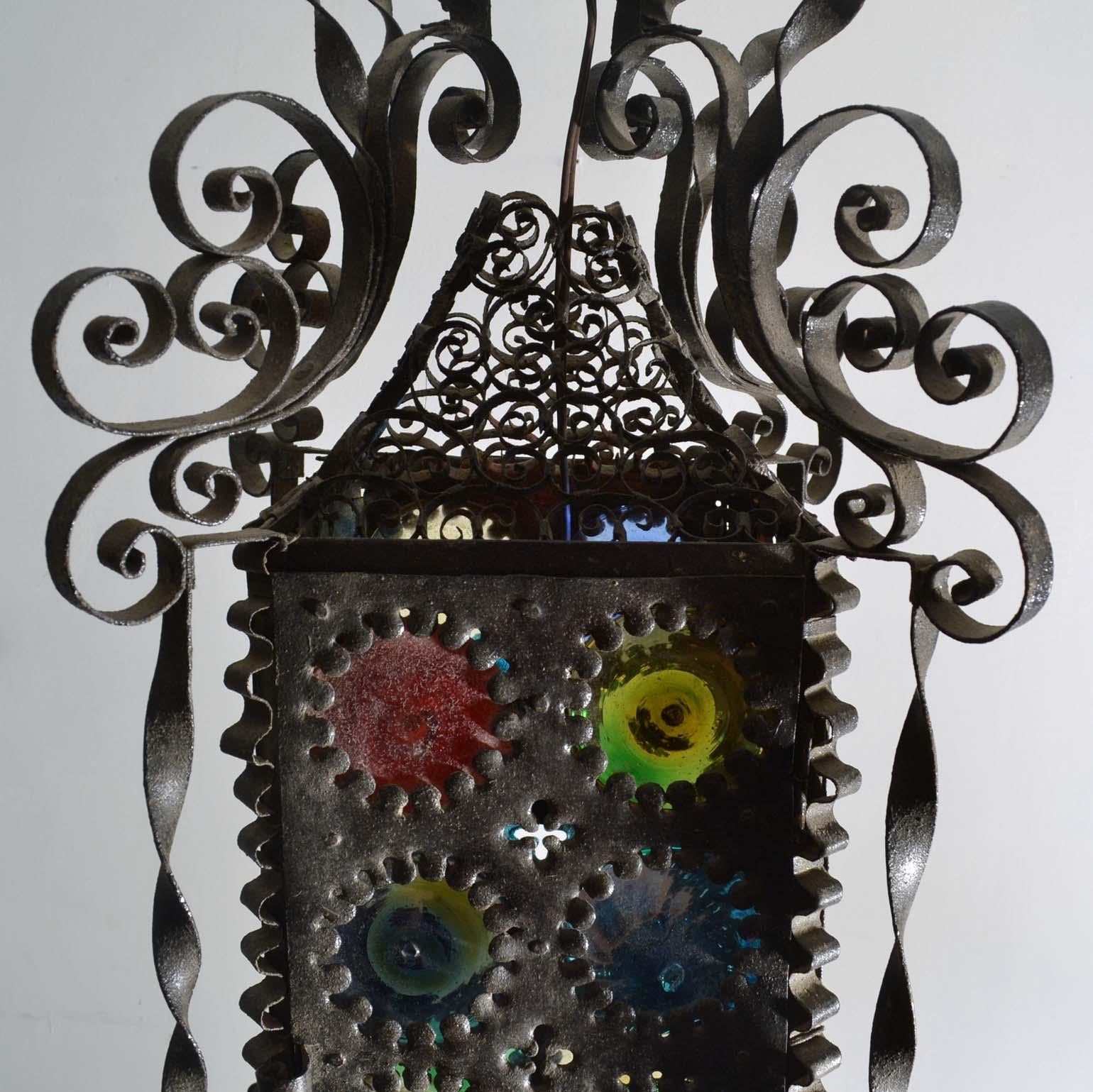 20th Century Venetian Wrought Iron Lantern with Colored Glass Disks 2