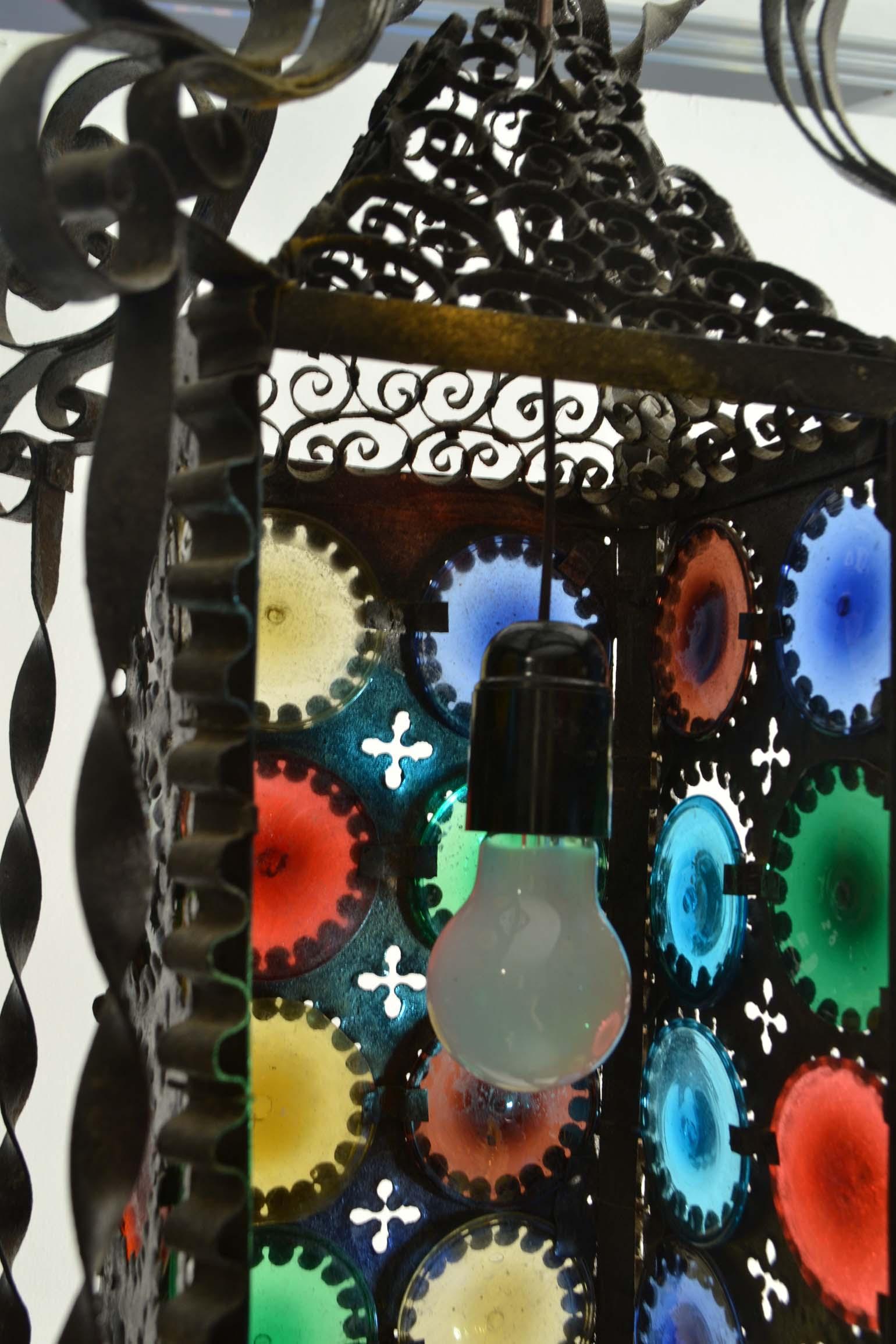 20th Century Venetian Wrought Iron Lantern with Colored Glass Disks 4