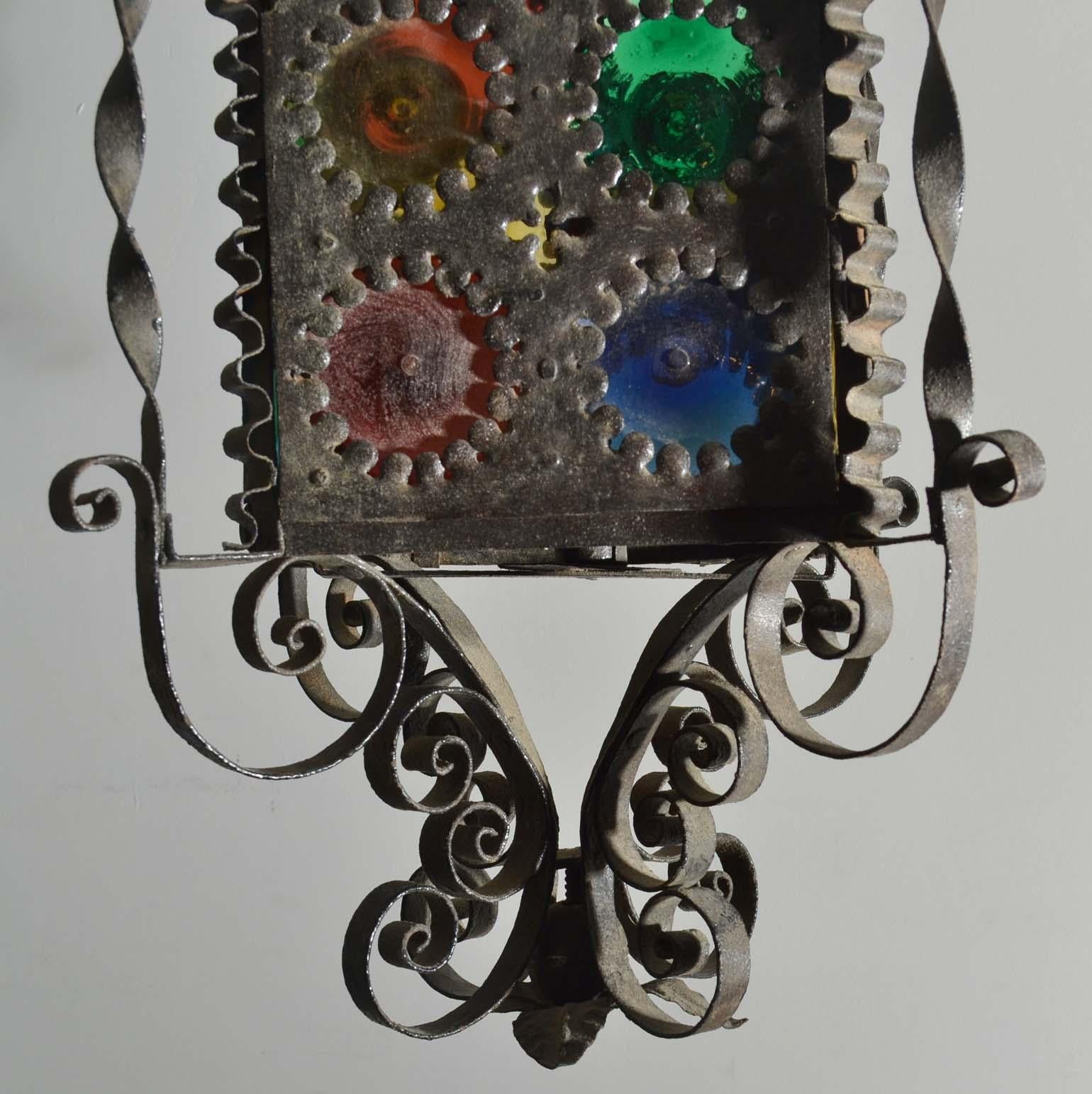 20th Century Venetian Wrought Iron Lantern with Colored Glass Disks 5