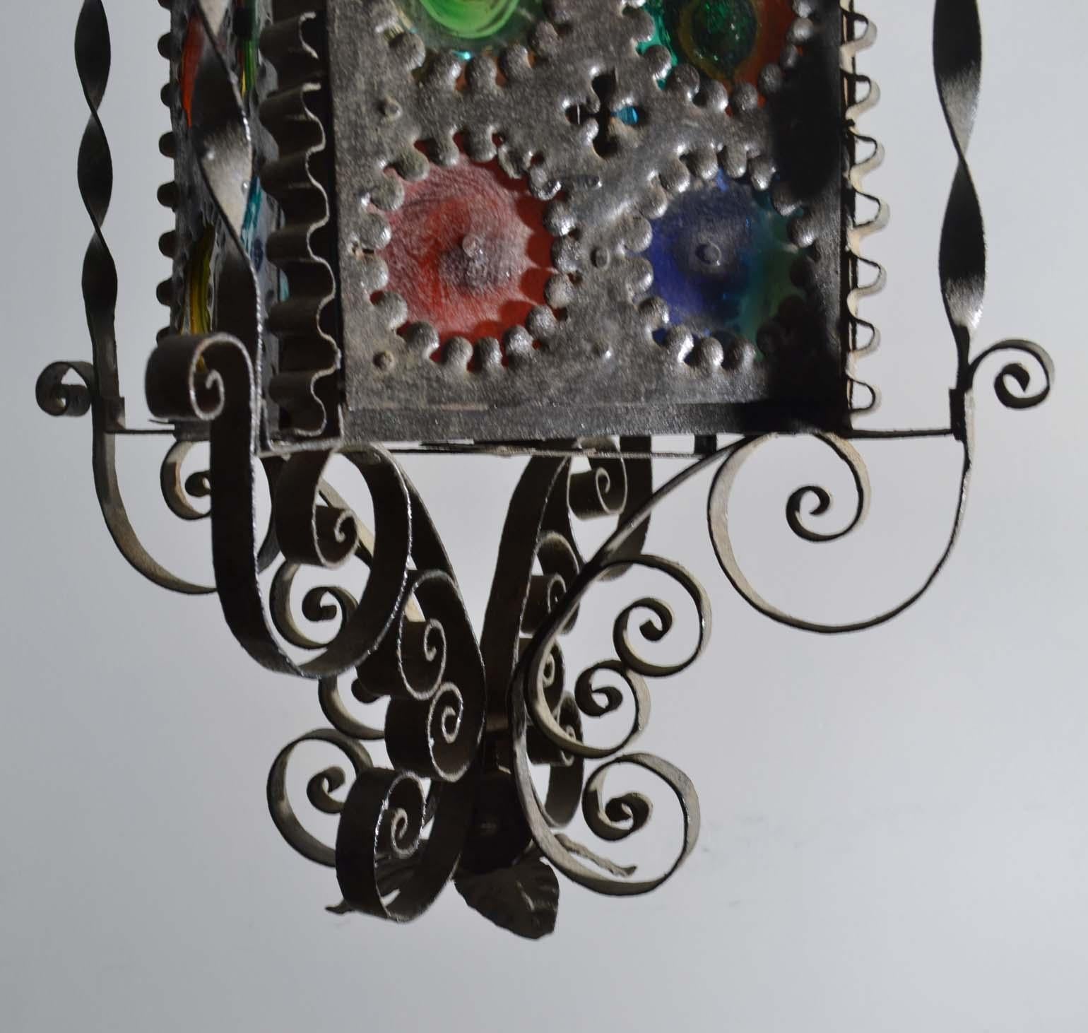 20th Century Venetian Wrought Iron Lantern with Colored Glass Disks 6
