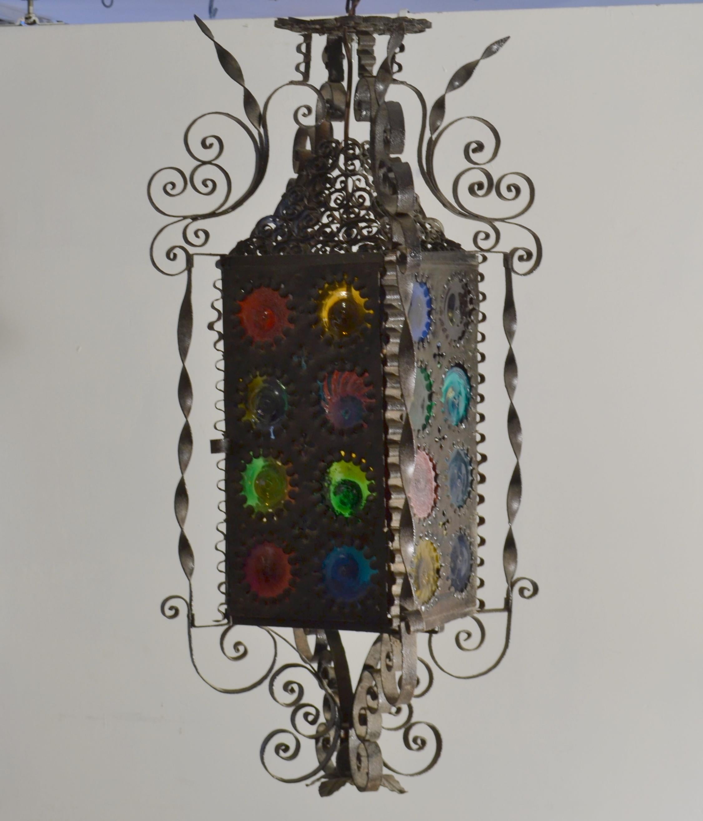 Renaissance 20th Century Venetian Wrought Iron Lantern with Colored Glass Disks