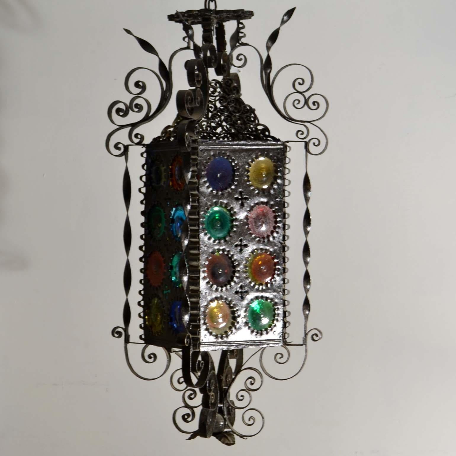 Italian 20th Century Venetian Wrought Iron Lantern with Colored Glass Disks