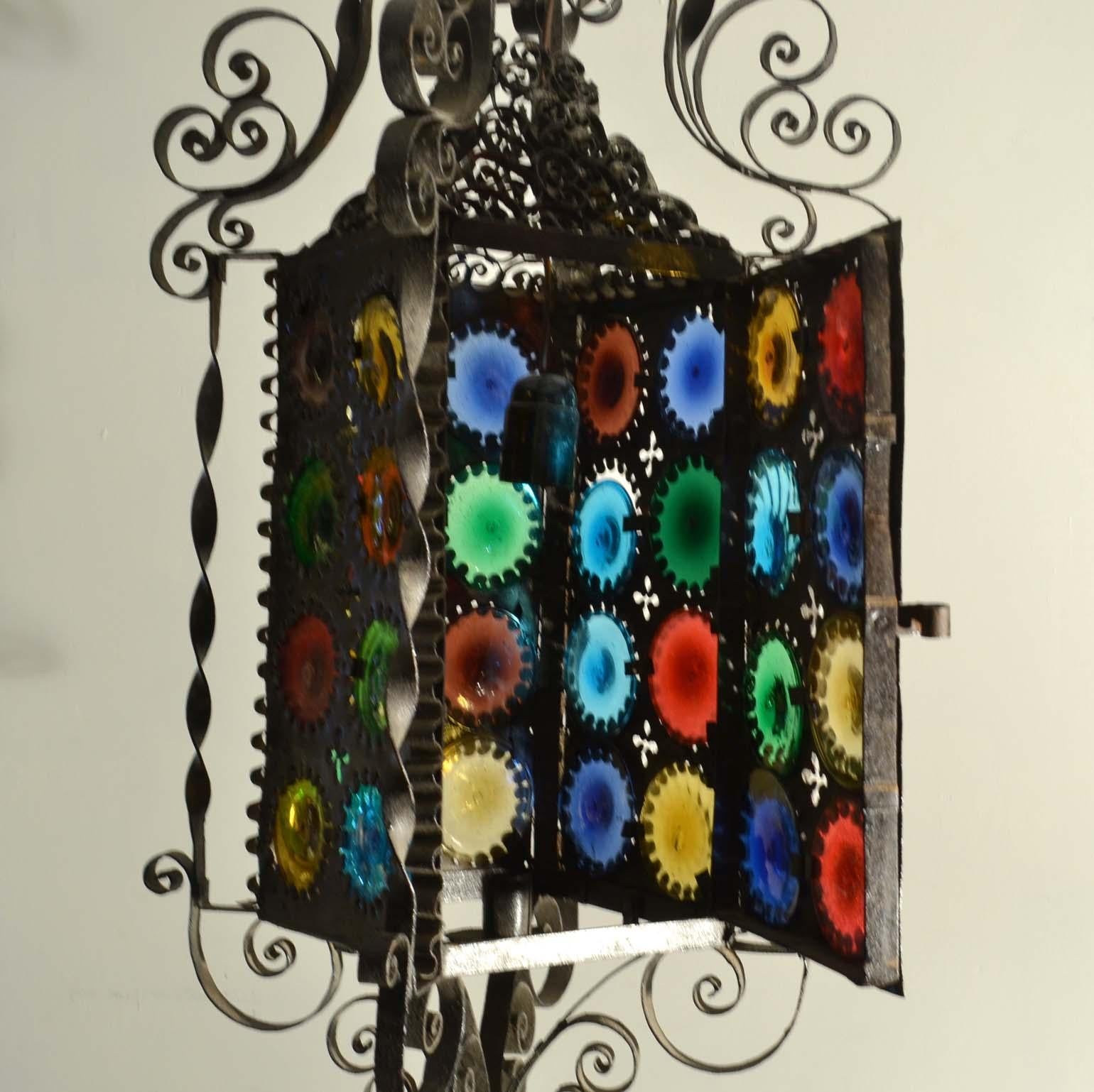 Hand-Crafted 20th Century Venetian Wrought Iron Lantern with Colored Glass Disks