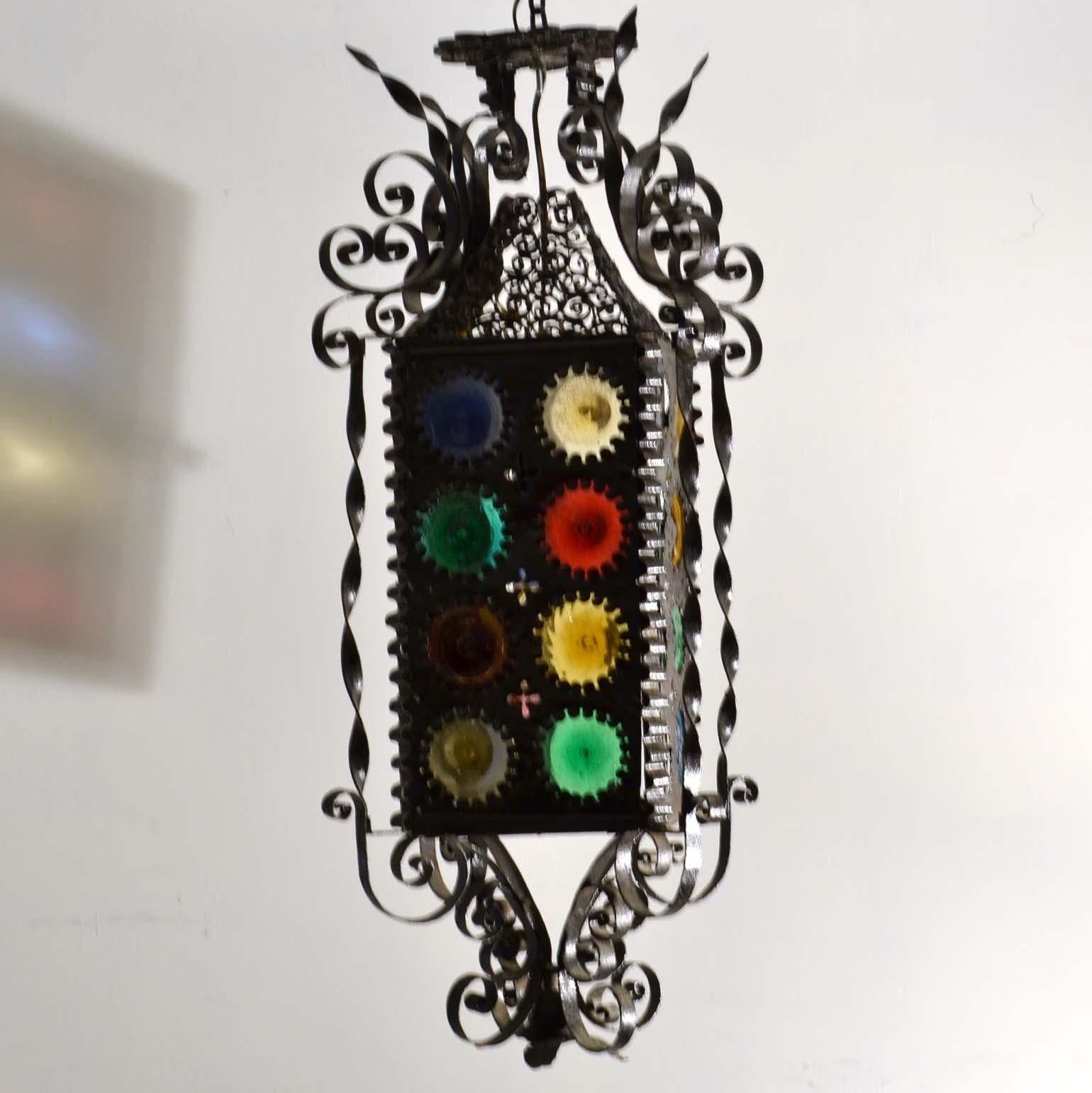 Stained Glass 20th Century Venetian Wrought Iron Lantern with Colored Glass Disks