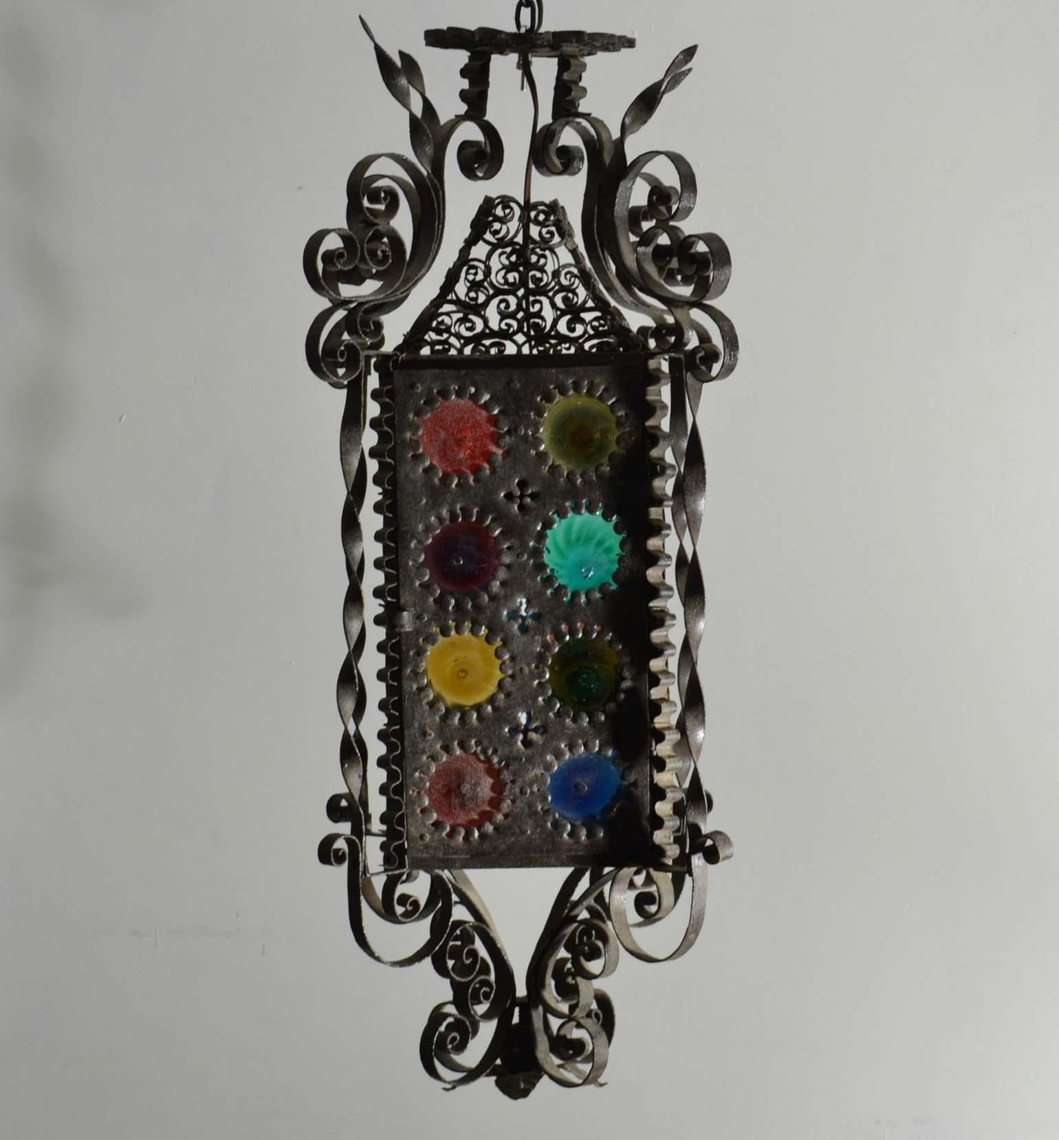 20th Century Venetian Wrought Iron Lantern with Colored Glass Disks 1