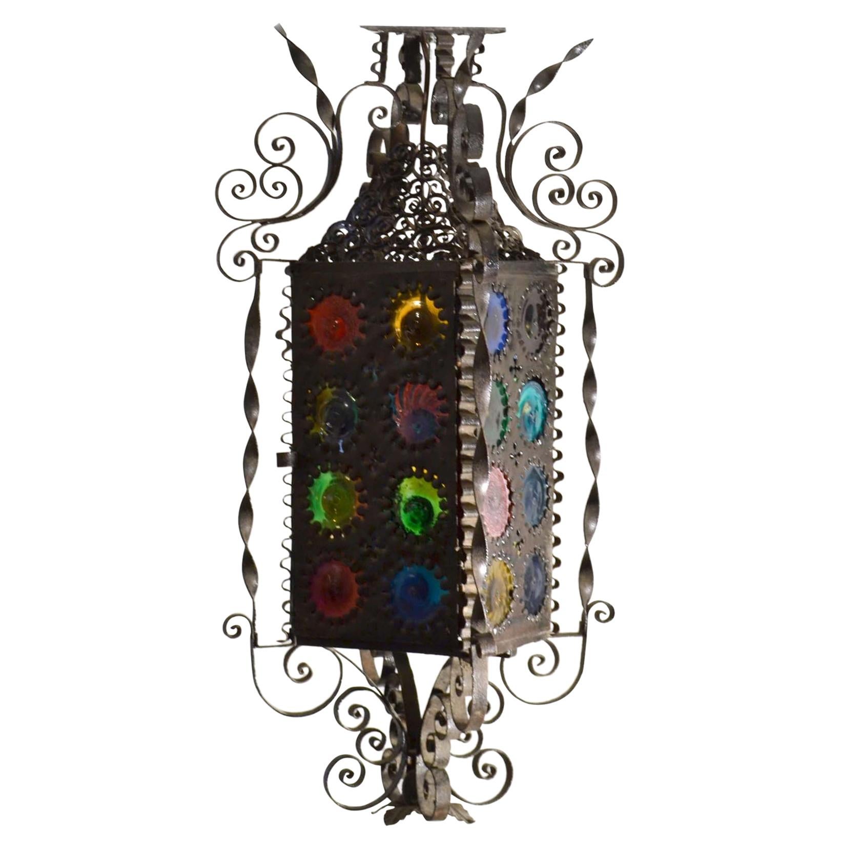 20th Century Venetian Wrought Iron Lantern with Colored Glass Disks