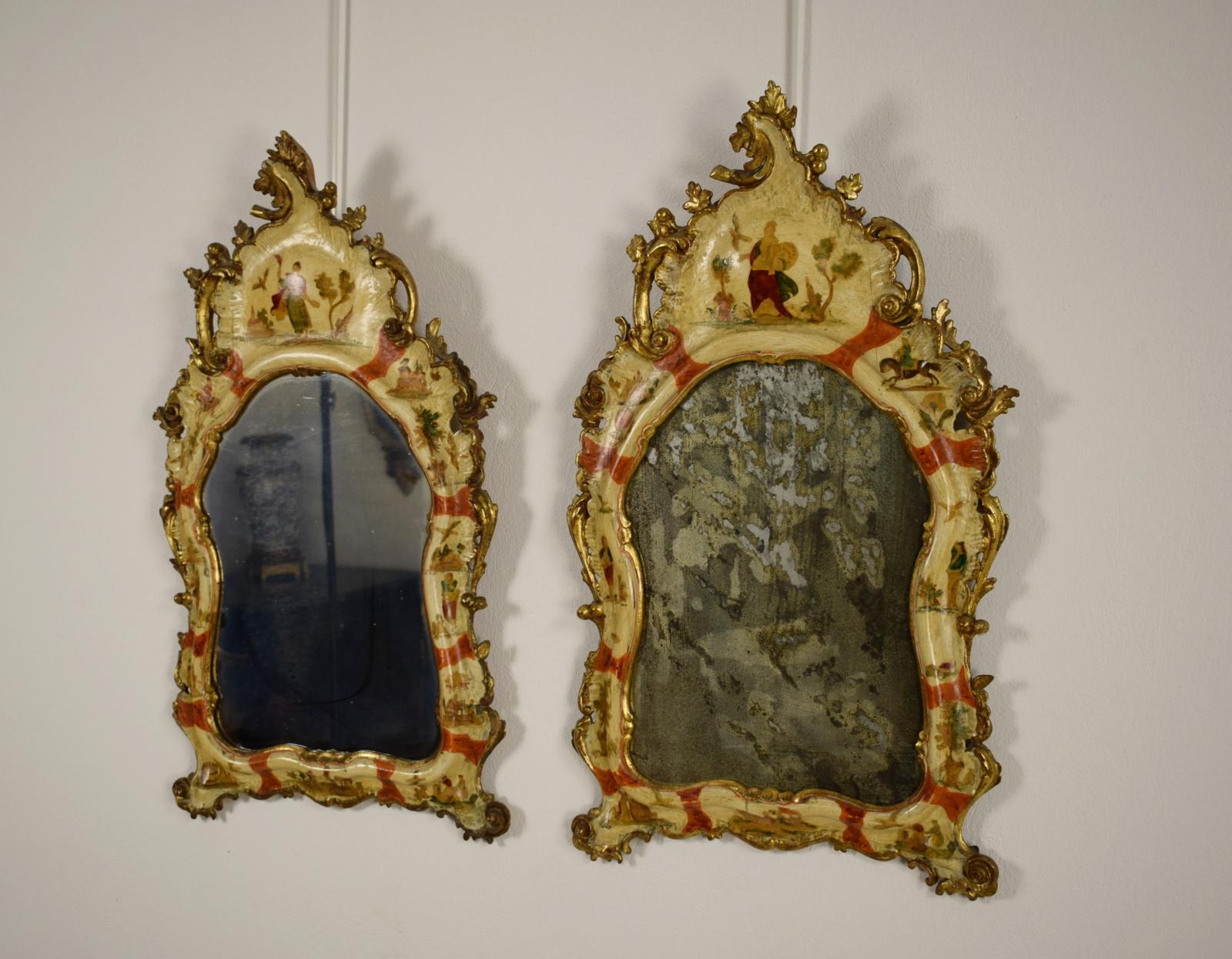 20th century, Venice Arte Povera lacquered wood, pair of wall mirrors.