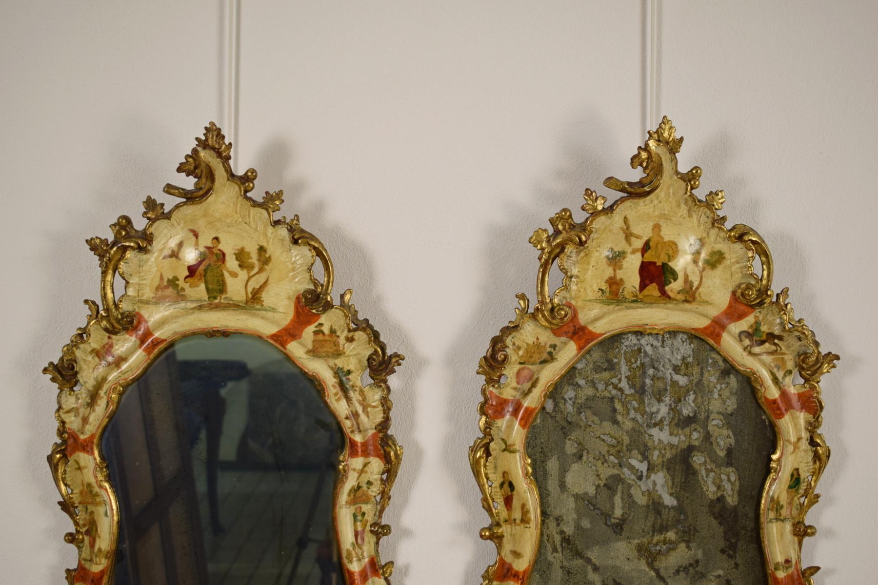 Louis XV 20th Century, Venice Arte Povera Lacquered Wood, Pair of Wall Mirrors 