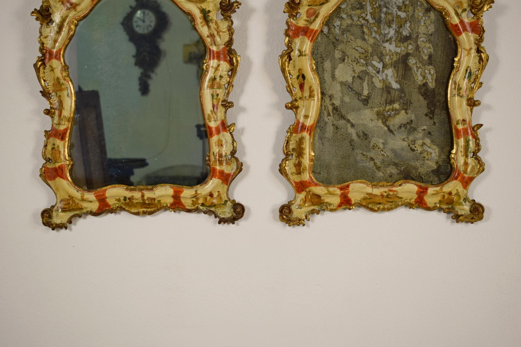 Italian 20th Century, Venice Arte Povera Lacquered Wood, Pair of Wall Mirrors 