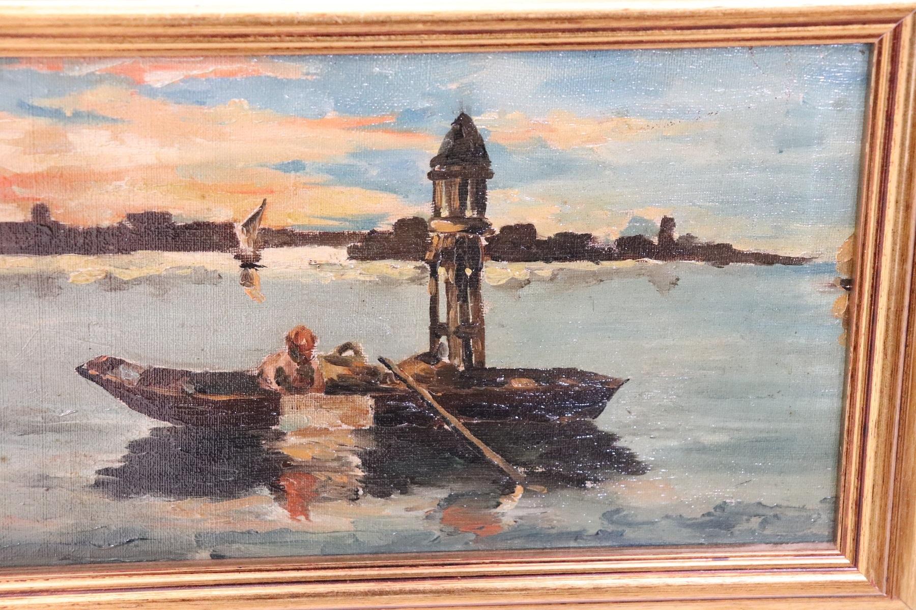 Important refined oil painting on canvas from a collection of 20th century works. Venice landscape oil painting on canvas with golden frame. Refined use of colors excellent pictorial quality. Signed Italian artist not recognized.
     
