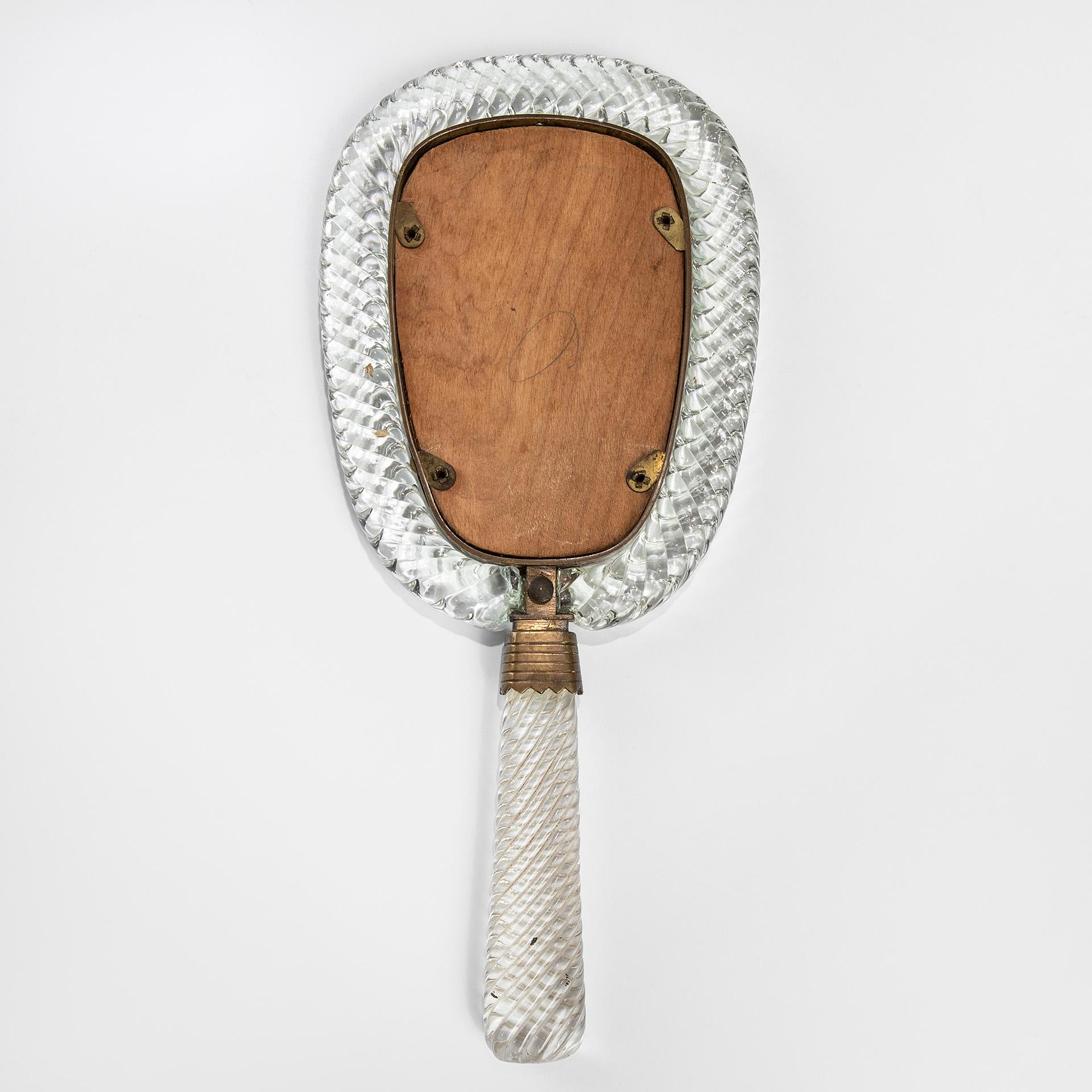 Mid-Century Modern 20th Century Venini Hand Mirror in Twisted Crystal and Brass, 30s For Sale
