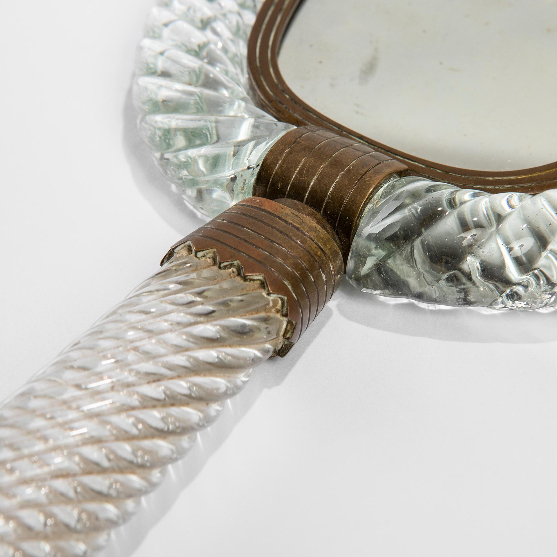 Italian 20th Century Venini Hand Mirror in Twisted Crystal and Brass, 30s For Sale