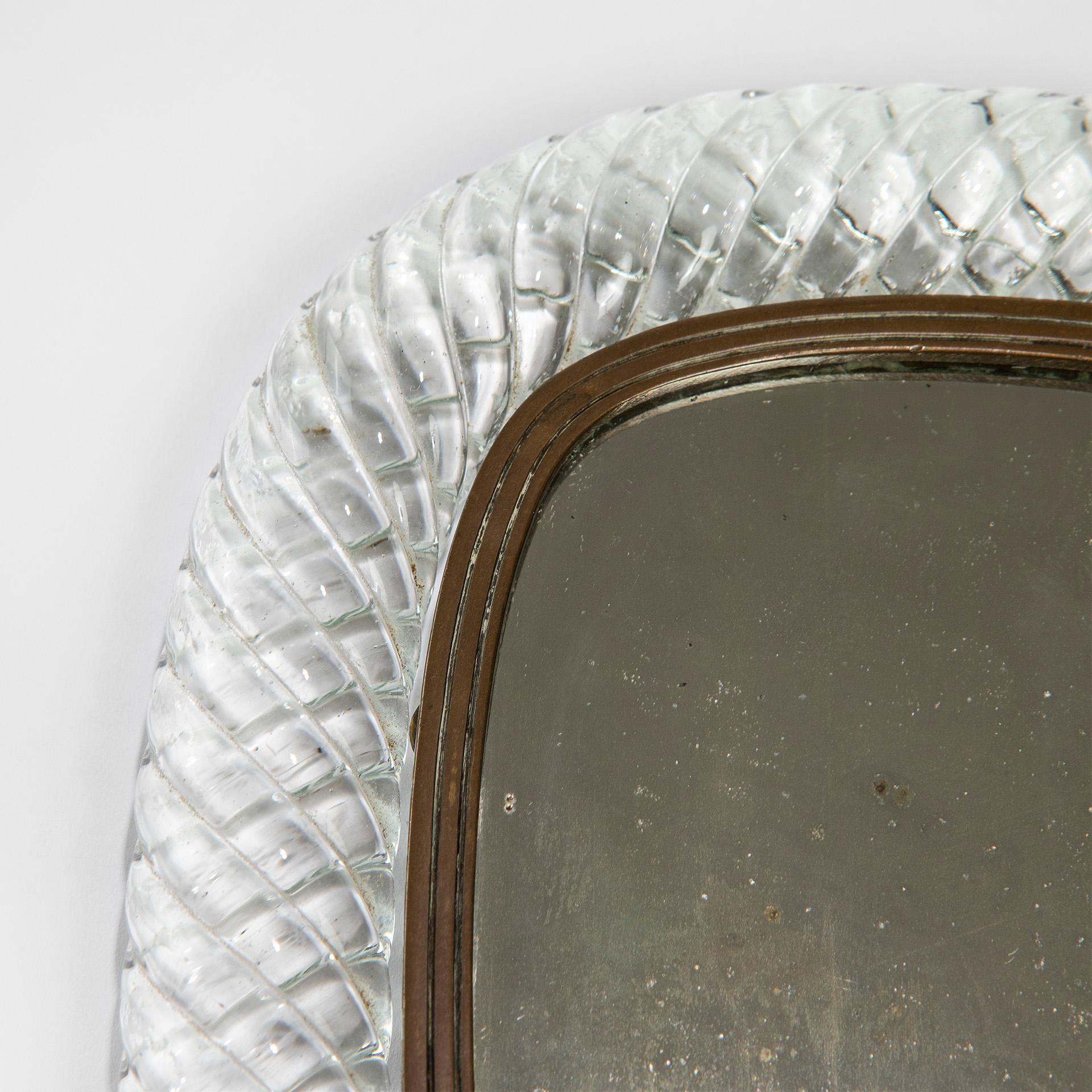 italien Miroir à main Venini du 20ème siècle en cristal torsadé et laiton, années 30 en vente