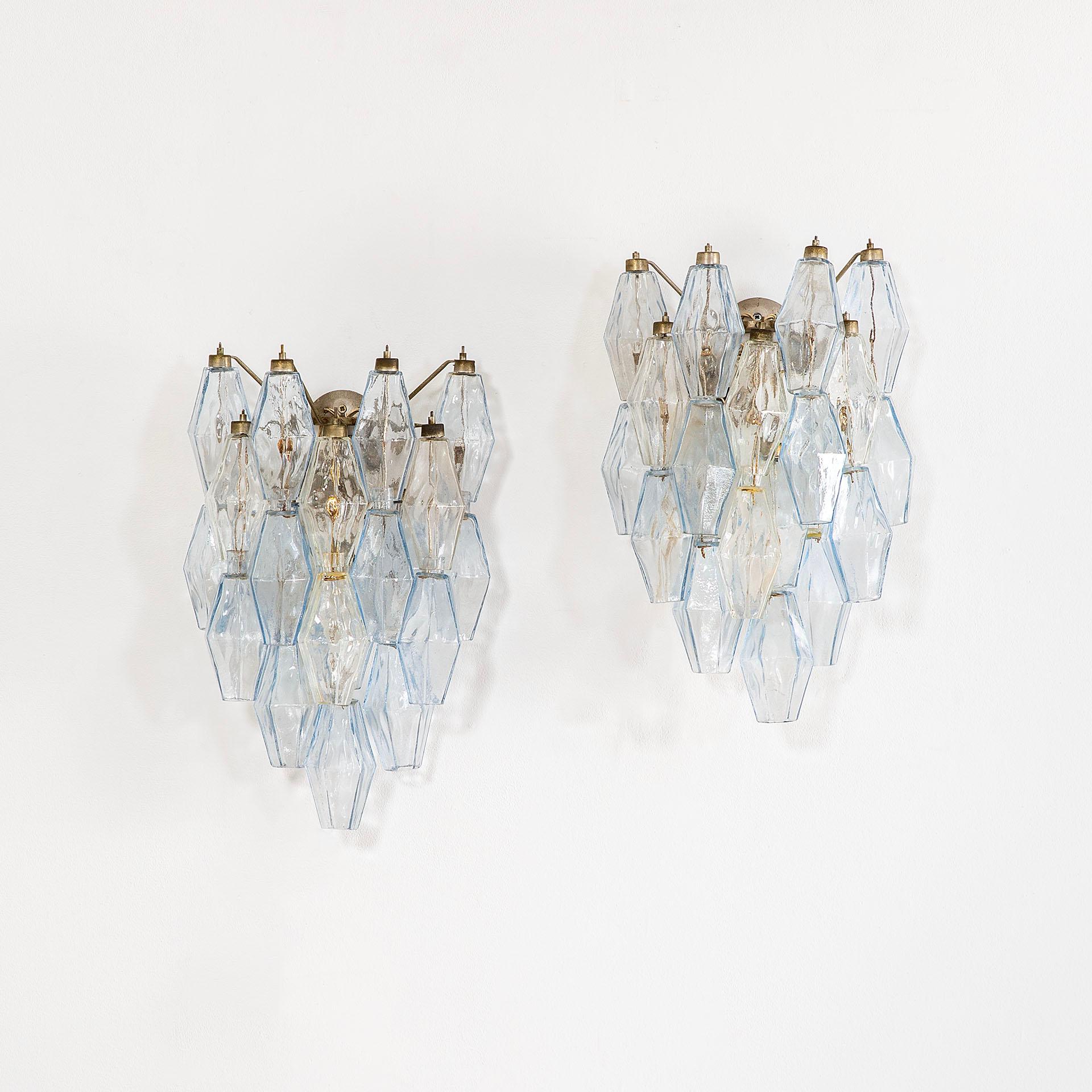 Mid-Century Modern 20th Century Venini Pair of Wall Lamps Mod Poliedri in Colored Murano Glass, 60s For Sale