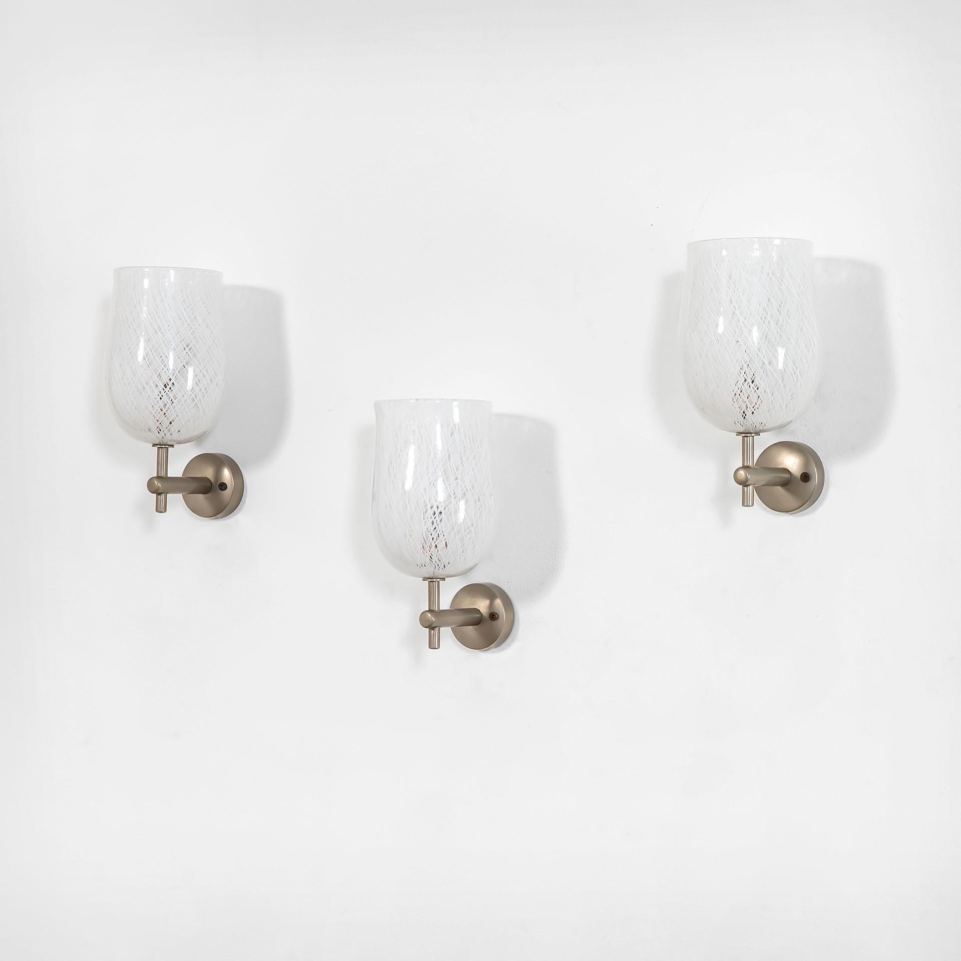 Italian 20th Century Venini Set of Three Wall Lamps in Murano Glass and Chrome, 50s For Sale