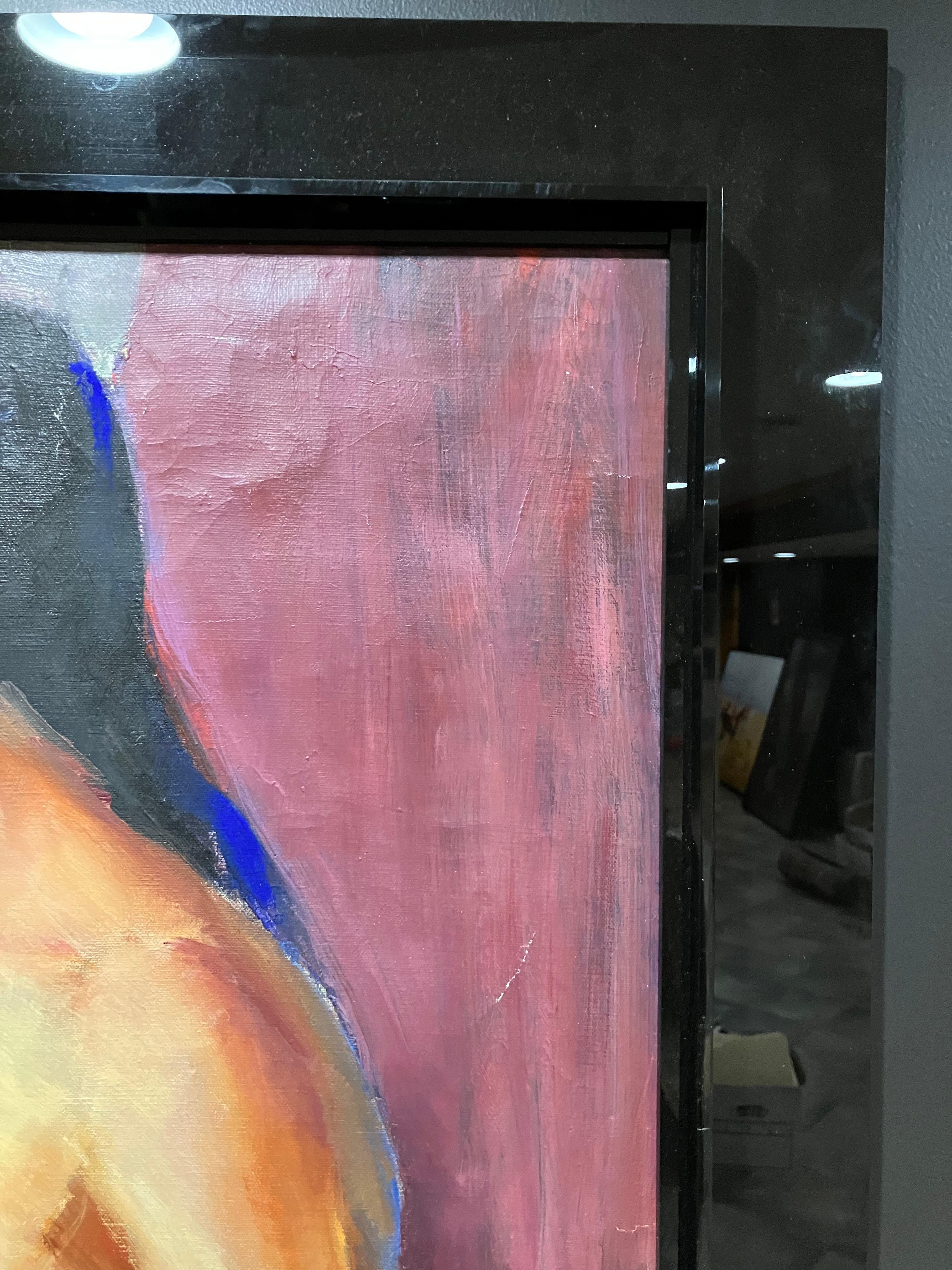 A striking composition by American artist Vernon Grimmer, this painting features a partially nude woman seated in profile against a rich magenta curtain. The subject gazes to the left, her expression calm and introspective. Draped in green fabric