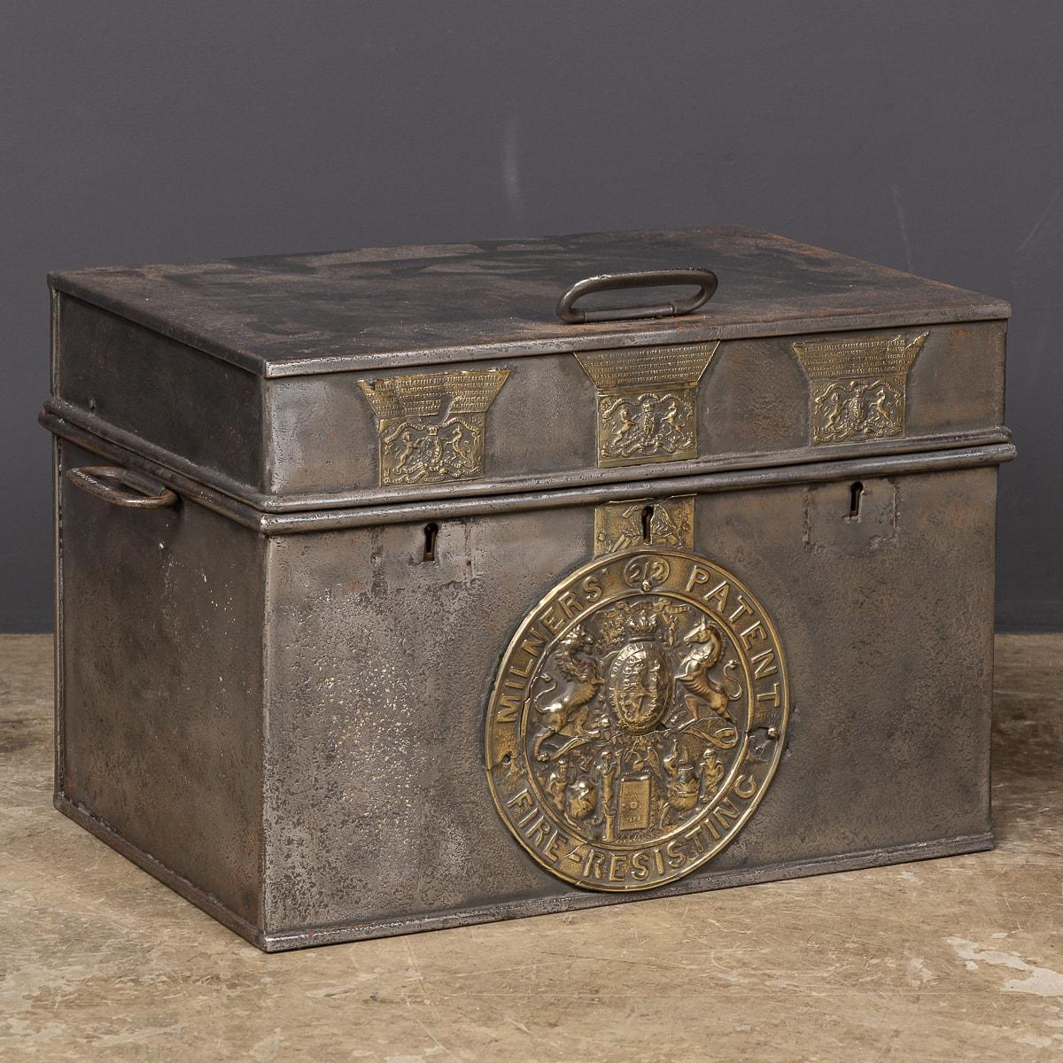 Vintage 20th Century Victorian cast iron & brass strongbox safe, made by Milner. Primarily used for the transport of document or valuables. It would have been taken on long travels, perhaps on a long sea voyage or also used as a diplomats lock box