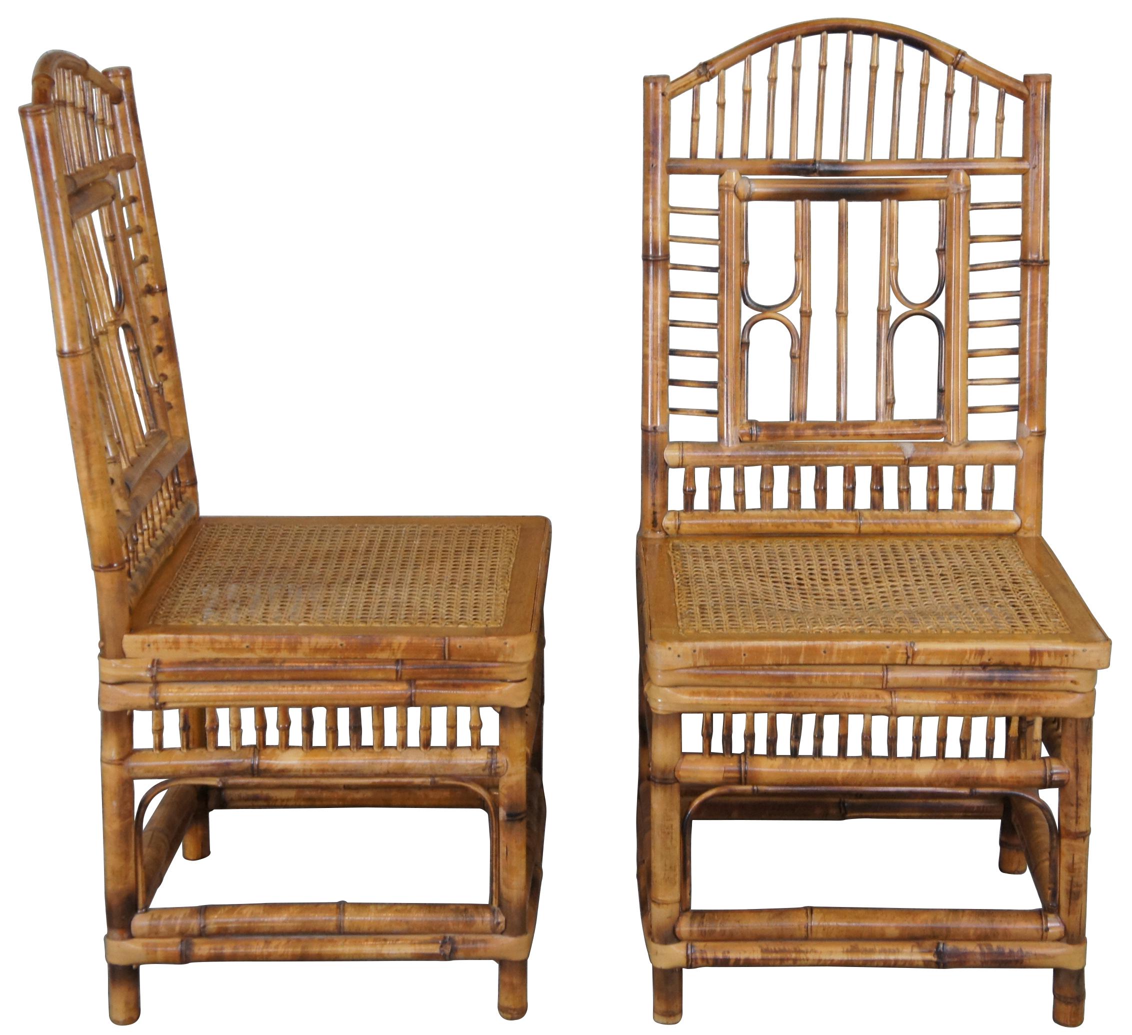 Mid 20th century bamboo and caned side chairs. Drawing inspiration from Victorian and Chinese Chippendale styling. 
  
