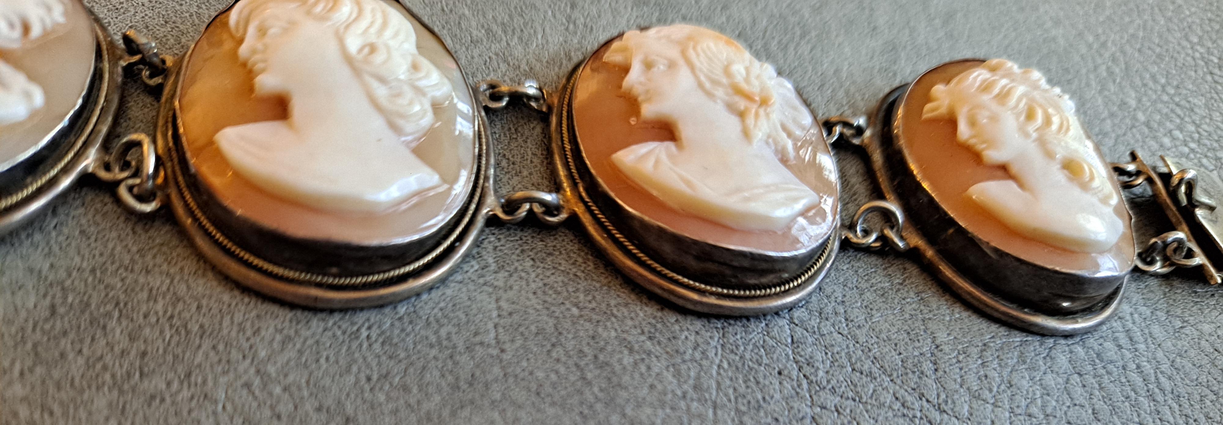 Shell 20th Century Victorian Revival Bracelet Set in Sterling Sliver Frames   For Sale