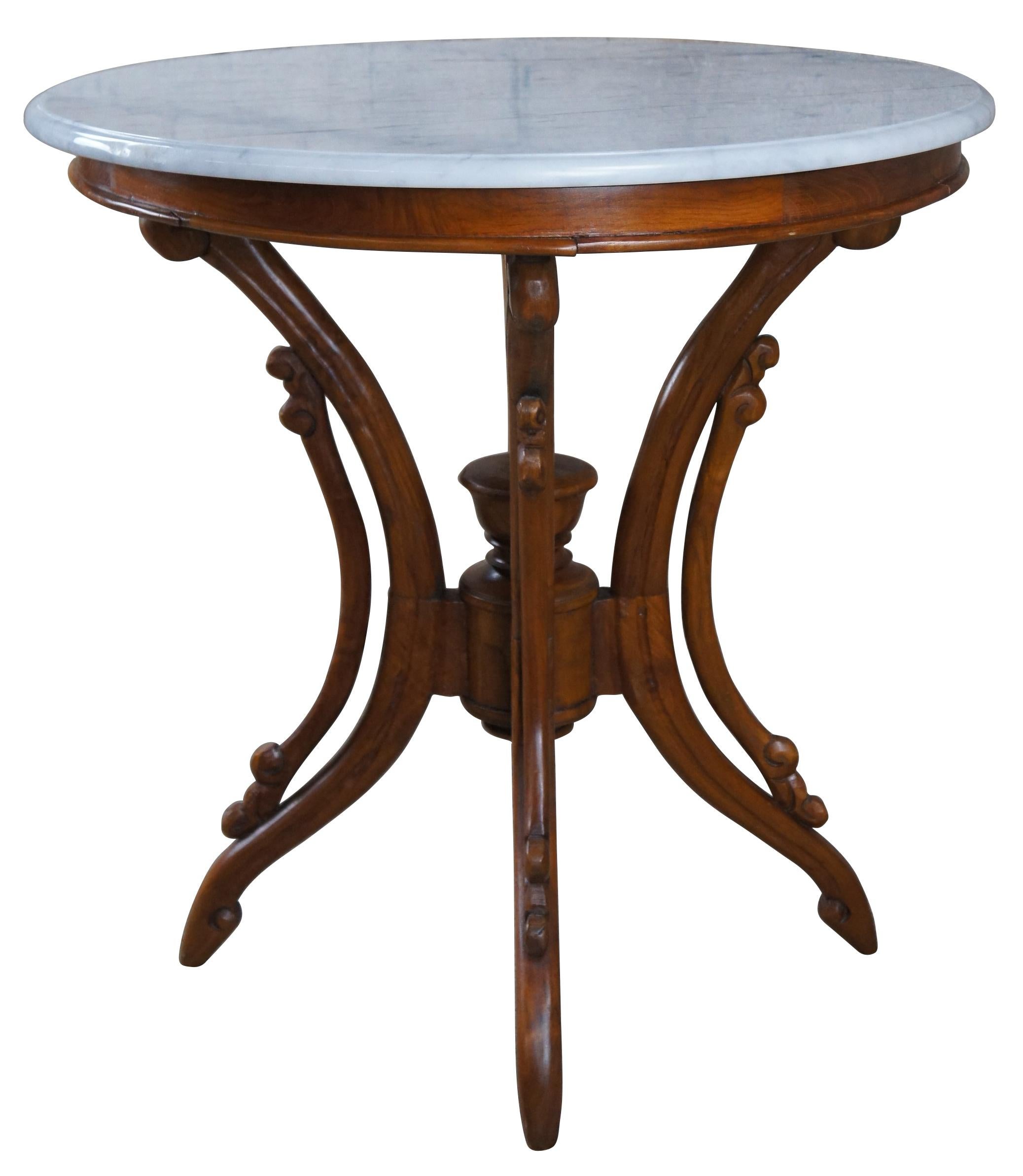 20th Century Victorian Revival Carved Mahogany Round Marble Parlor Center Table In Good Condition In Dayton, OH