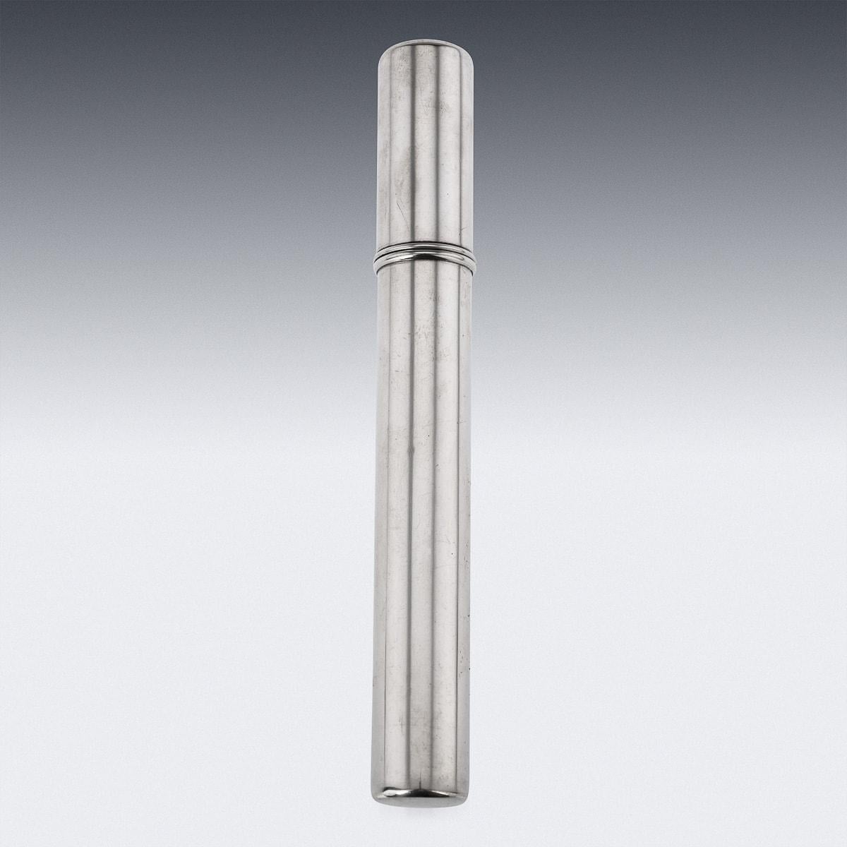 Antique 20th Century Victorian solid silver long cigar tube with removable lid. The case is of a rounded form enabling one long cigar to be stored safely. Hallmarked English silver (925 standard), year 1901 (f), London, Makers W.F.W (Wright & Davies