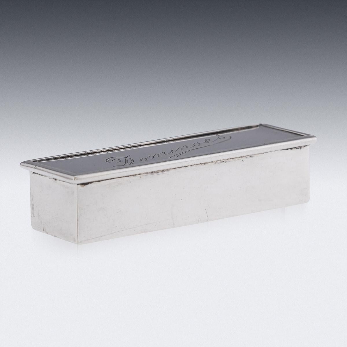 Antique early 20th Century Victorian solid silver domino game. Comes in a rectangular box with slide off lid, engraved Dominoes, containing bone carved domino pieces. Hallmarked English silver (925 standard), circa 1900, London, Maker GY&CO (Grey &
