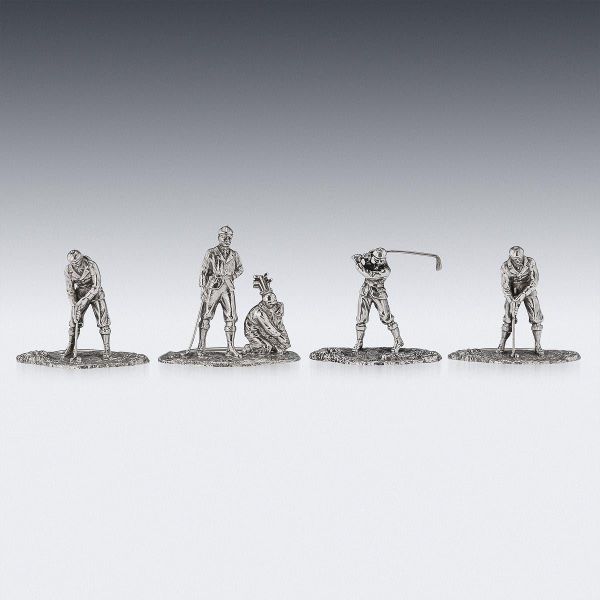 Antique late 19th Century Victorian very rare solid silver set of four menu holders, each holder modelled as golf players. Each menu holder is Hallmarked English silver (925 Standard), London, year 1896 - 1897 (a & b), Maker's mark GC (George