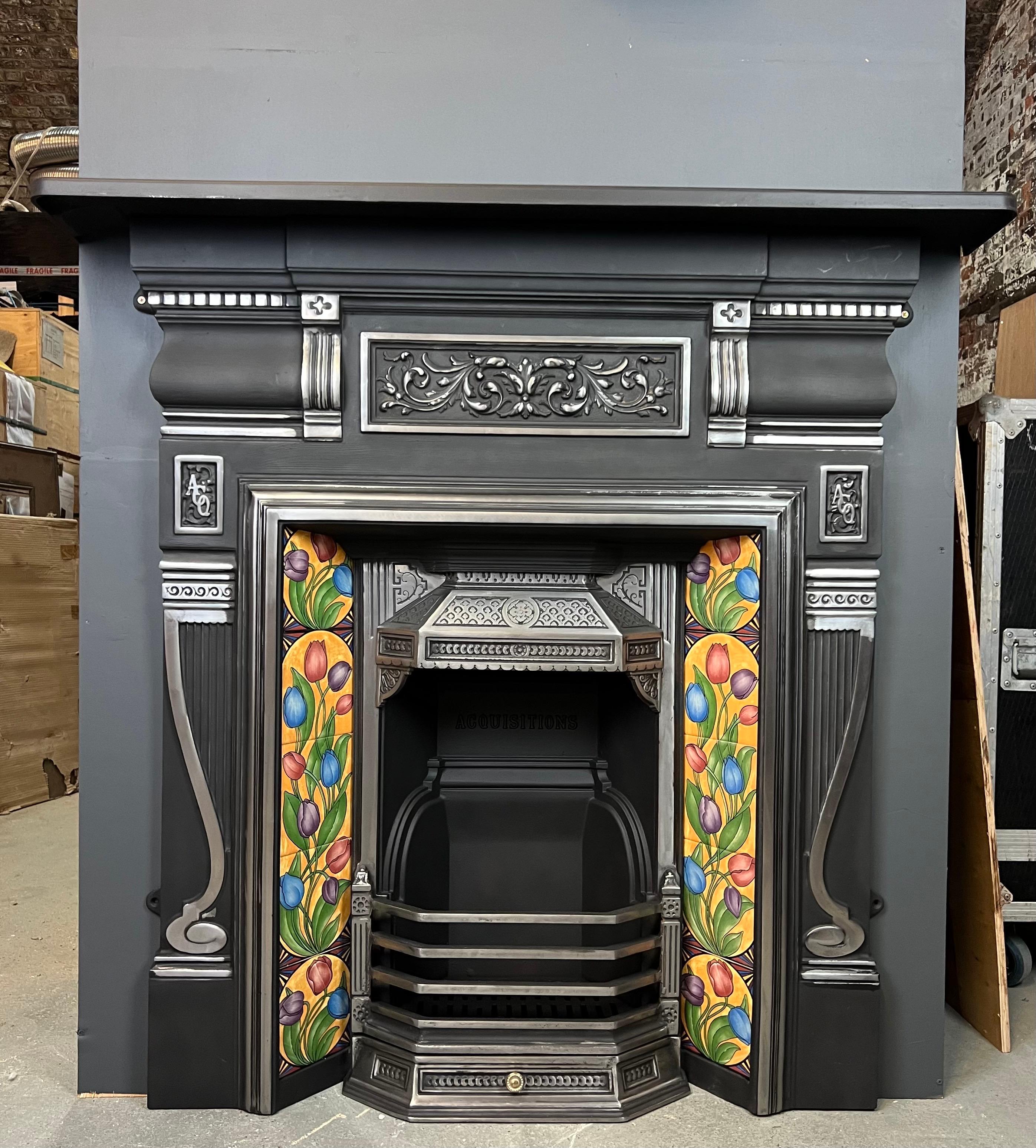 20th Century Victorian Style Polished Cast Iron Combination Fireplace.  
This Magnificent Combination Fireplace, The Britannia Exemplifies Quality Cast Iron.
Detailed Highlight Polished Cast Iron Fireplace Comes Complete With Its Fireback, Front