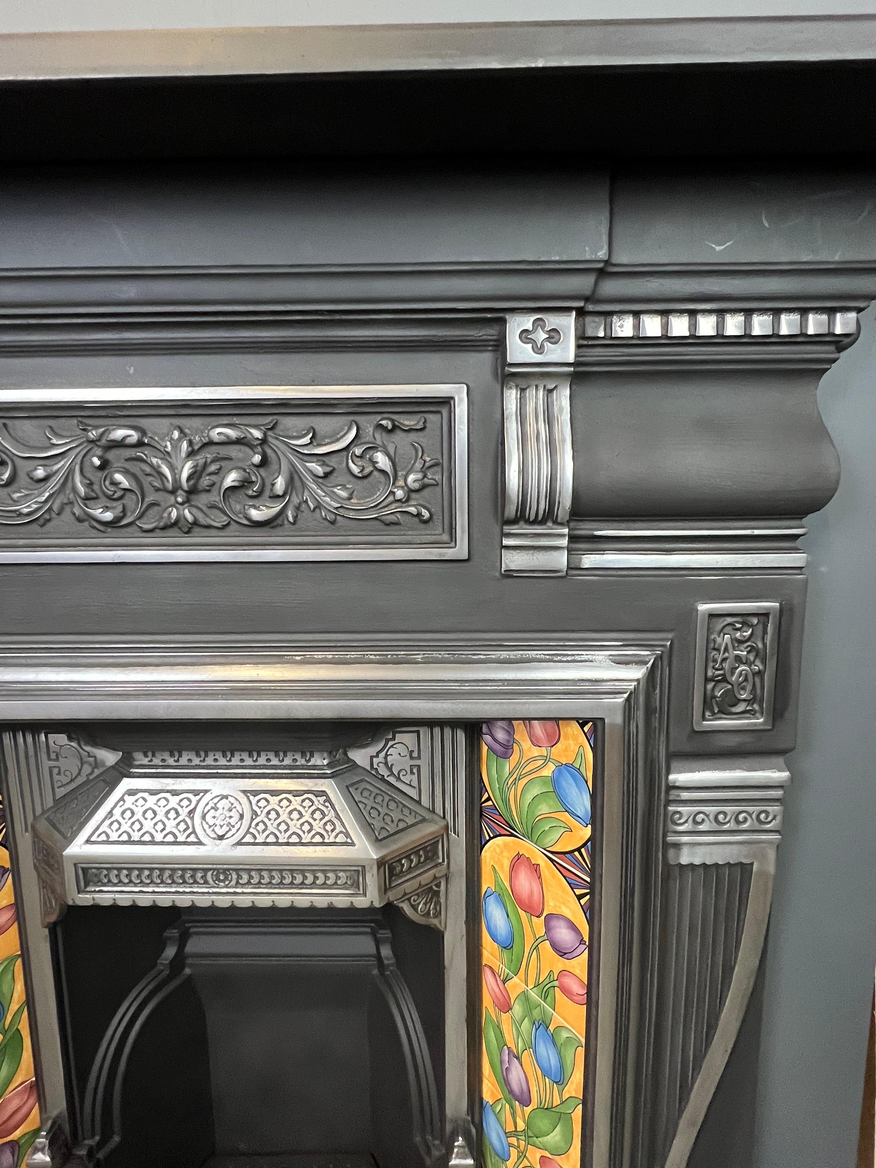 20th Century Victorian Style Polished Cast Iron Combination Fireplace. For Sale 4